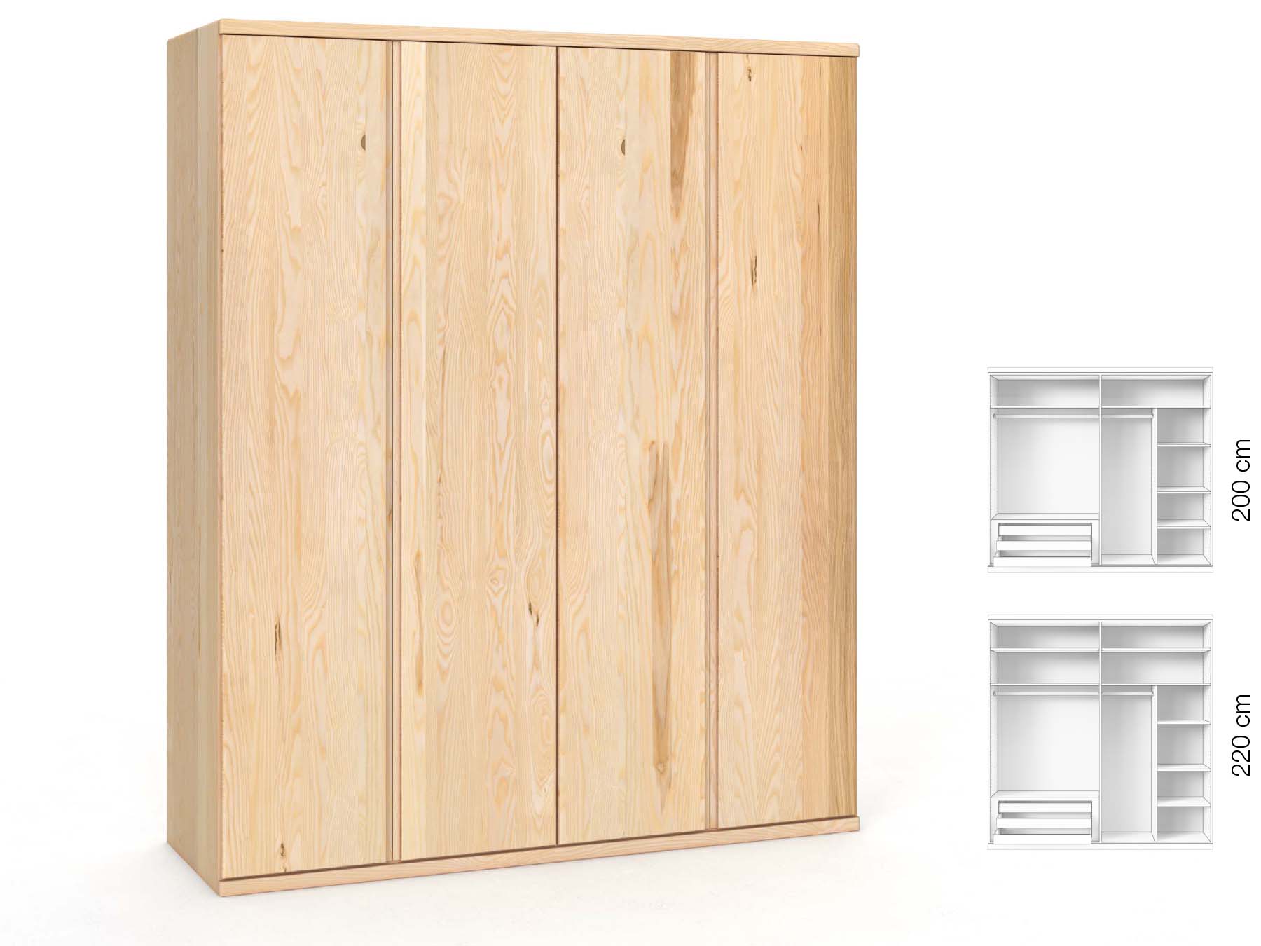 Eschenschrank „Valentin“, 4-türig, Höhe 220 cm, Griffausführung „Patrizia“, Inneneinrichtung: D