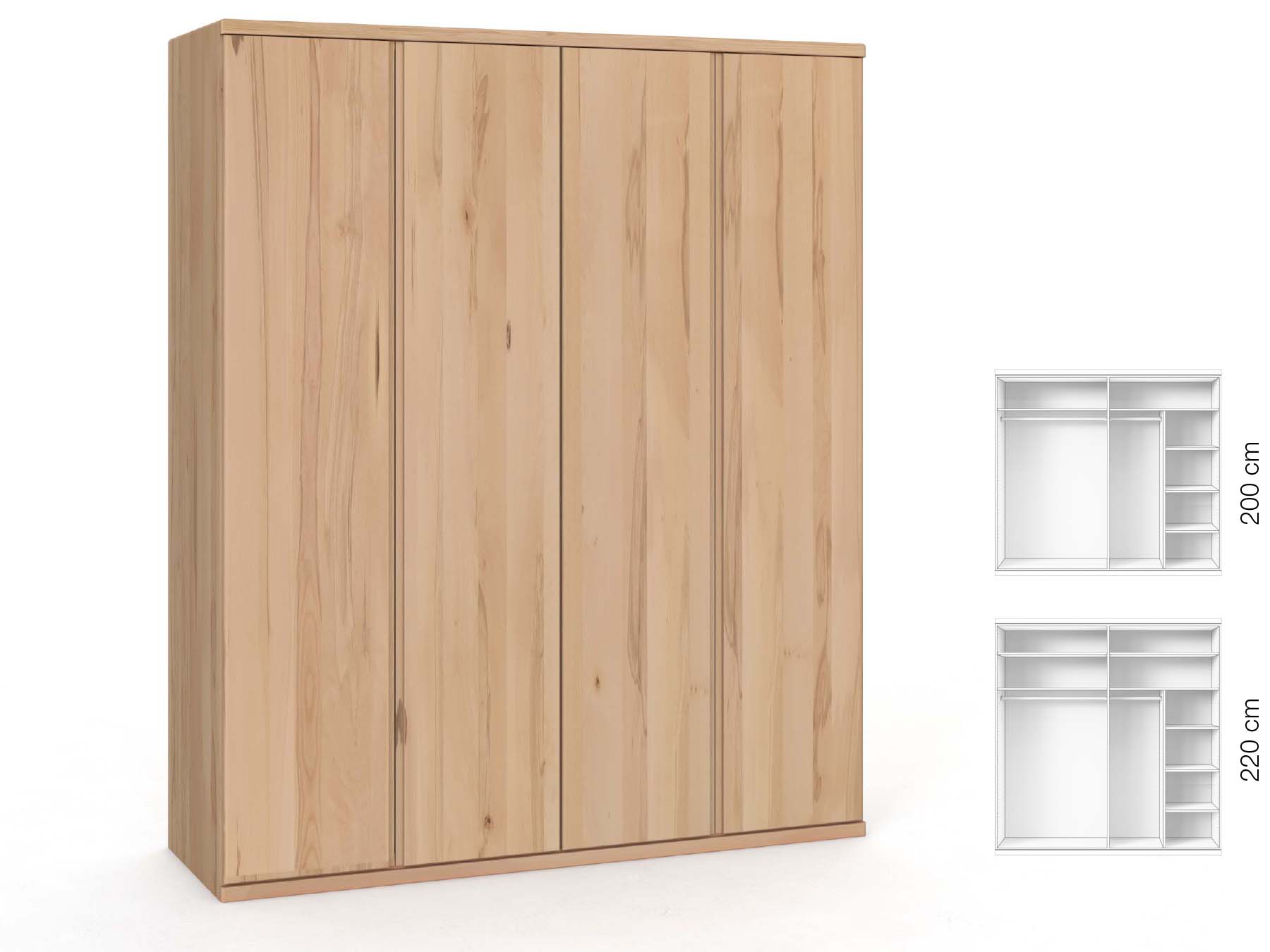 Buchenschrank „Valentin“, 4-türig, Höhe 220 cm, Griffausführung „Patrizia“, Inneneinrichtung: B