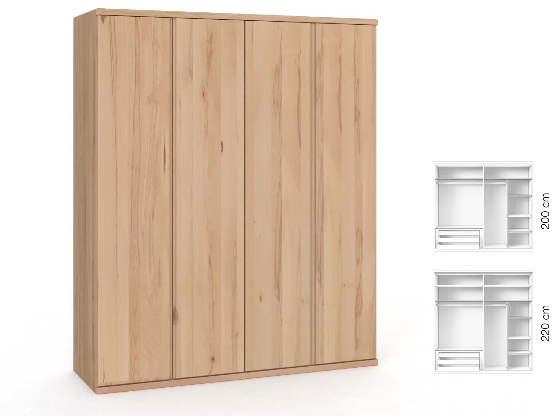 Buchenschrank „Valentin“, 4-türig, Höhe 220 cm, Griffausführung „Patrizia“, Inneneinrichtung: C