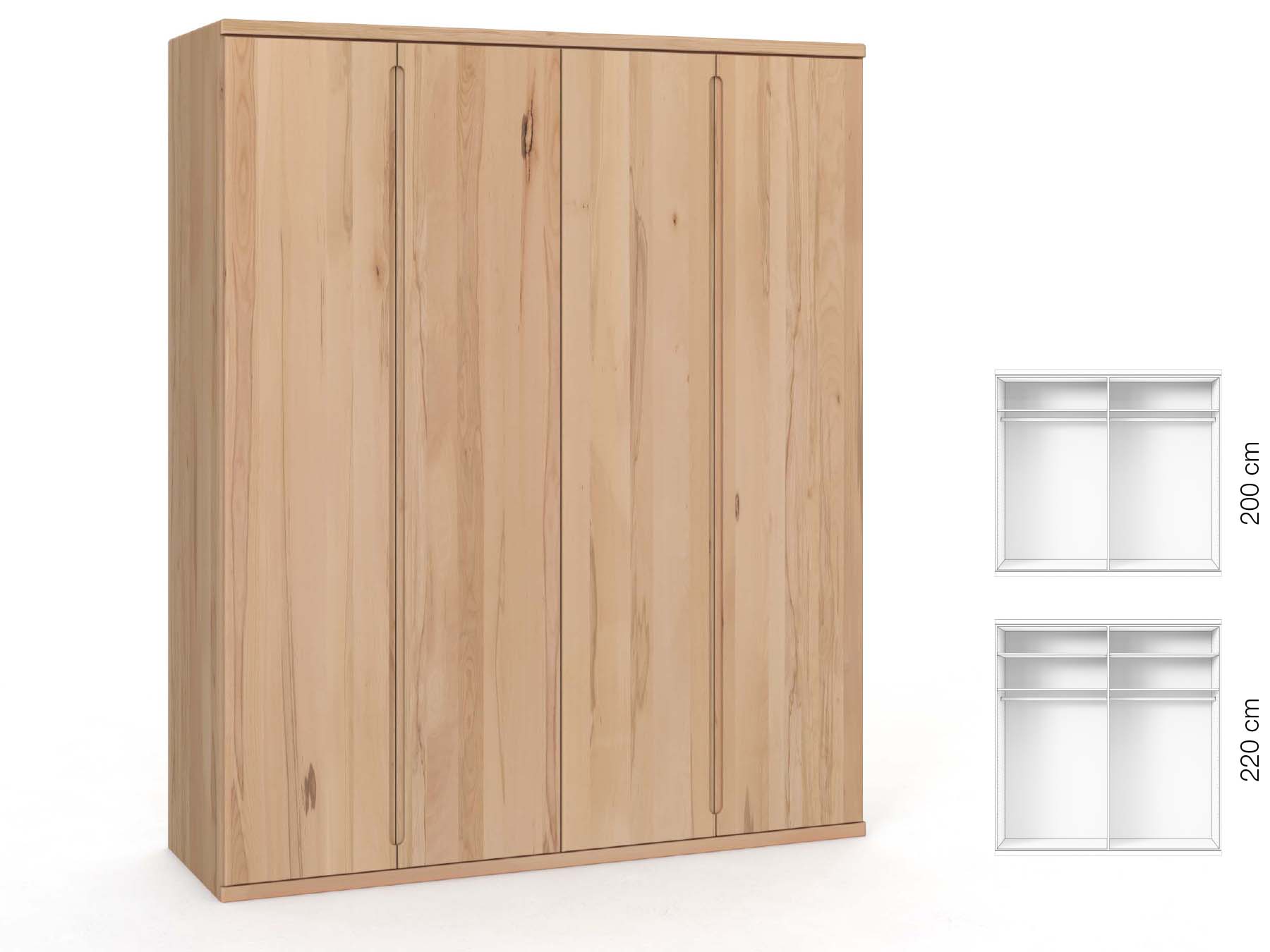 Buchenschrank „Valentin“, 4-türig, Höhe 220 cm, Griffausführung „Lukas“, Inneneinrichtung: A 