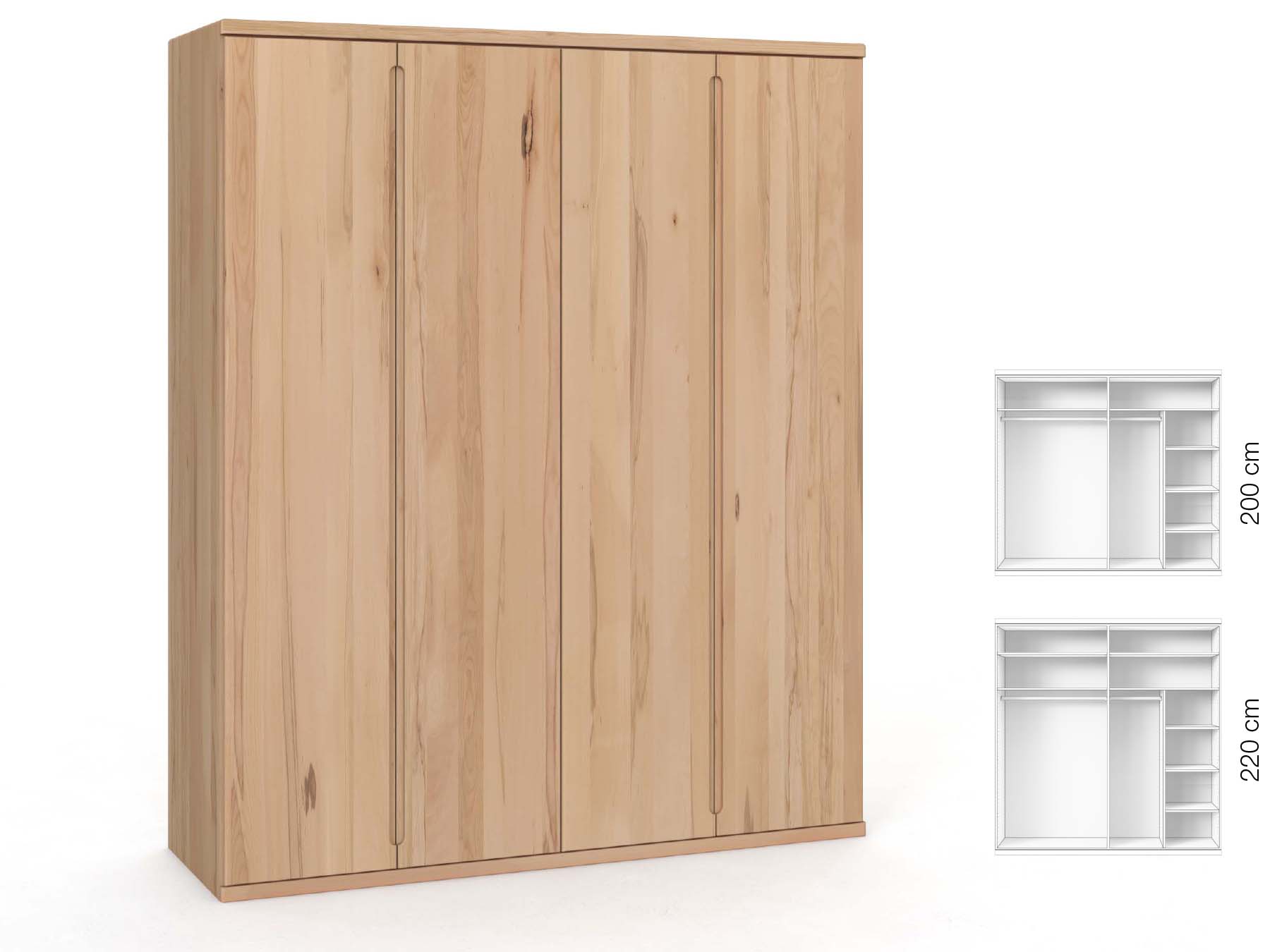 Buchenschrank „Valentin“, 4-türig, Höhe 220 cm, Griffausführung „Lukas“, Inneneinrichtung: B