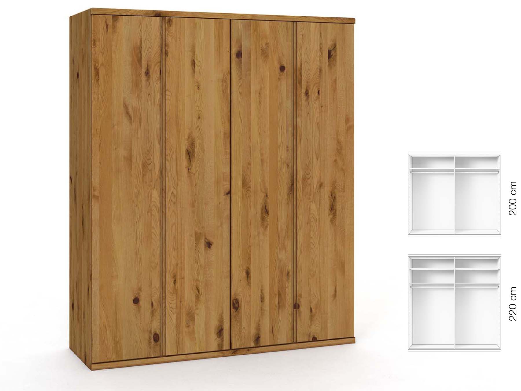 Wildeichenschrank „Valentin“, 4-türig, Höhe 220 cm, Griffausführung „Patrizia“, Inneneinrichtung: A