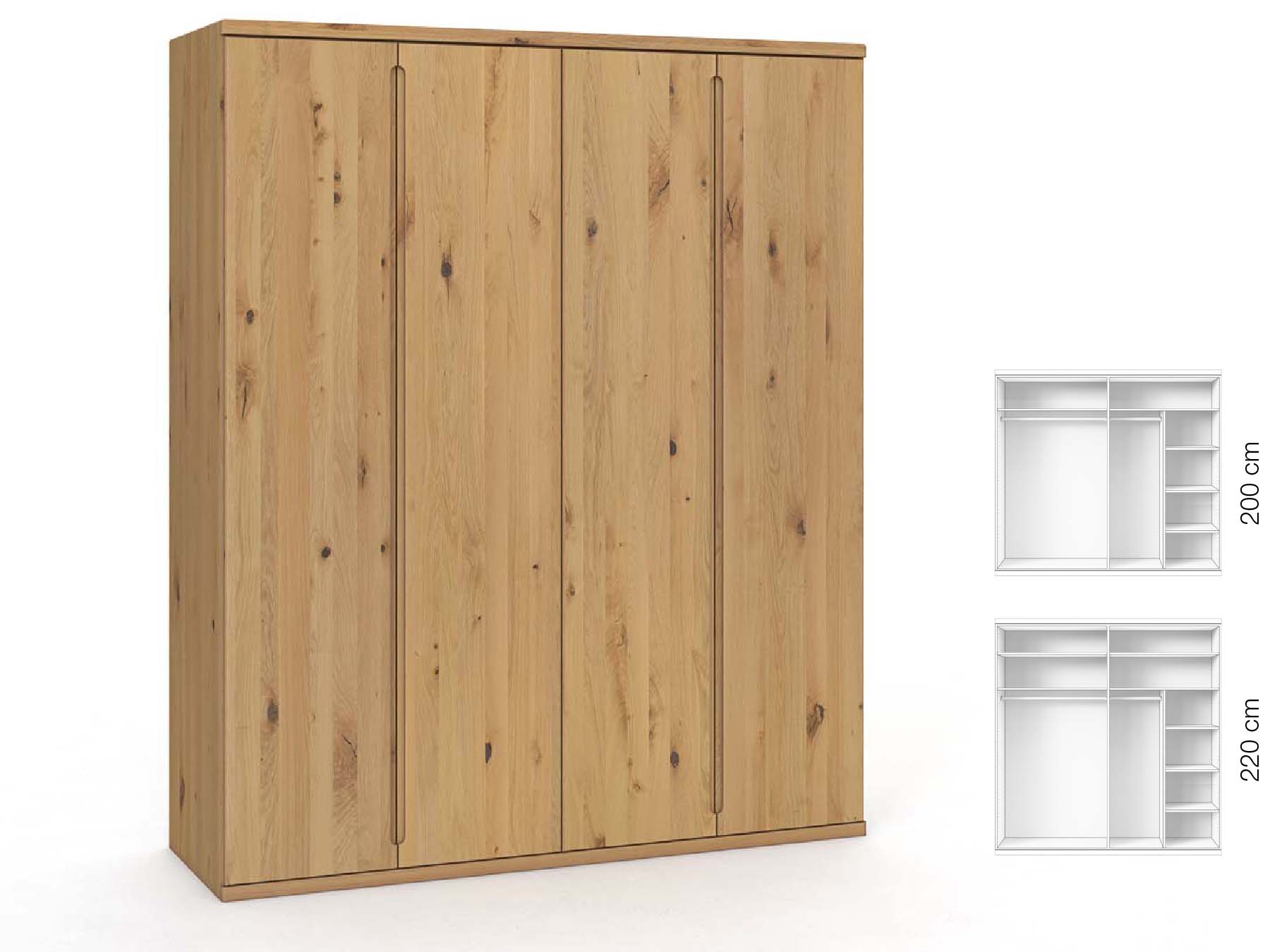 Wildeichenschrank Hell „Valentin“, 4-türig, Höhe 220 cm, Griffausführung „Lukas“, Inneneinrichtung: B