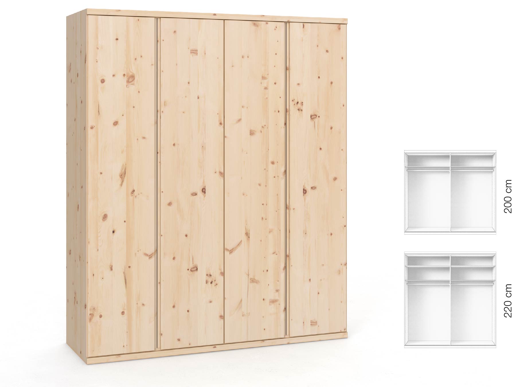 Zirbenschrank „Romana“, 4-türig, Höhe 220 cm, Griffausführung „Patrizia“, Inneneinrichtung: A