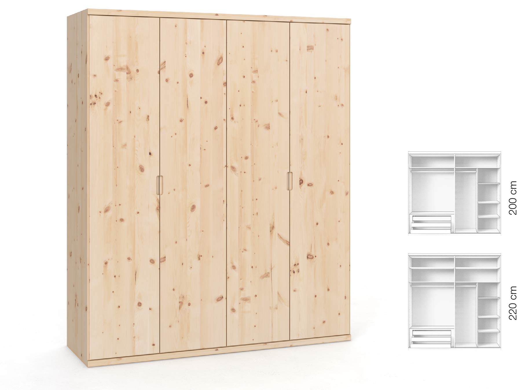 Zirbenschrank „Romana“, 4-türig, Höhe 220 cm, Griffausführung „Lukas“, Inneneinrichtung: C