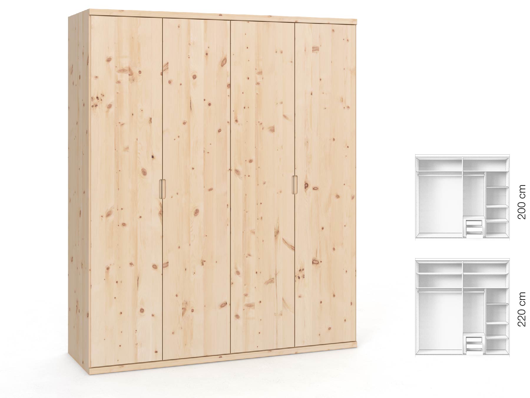 Zirbenschrank „Romana“, 4-türig, Höhe 220 cm, Griffausführung „Lukas“, Inneneinrichtung: D