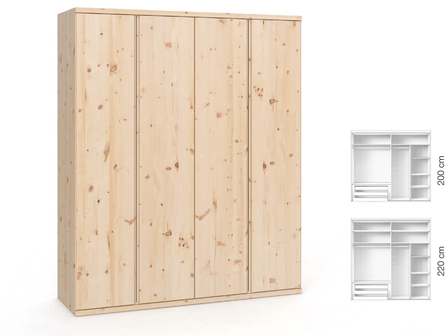 Zirbenschrank „Romana“, 4-türig, Höhe 220 cm, Griffausführung „Patrizia“, Inneneinrichtung: C