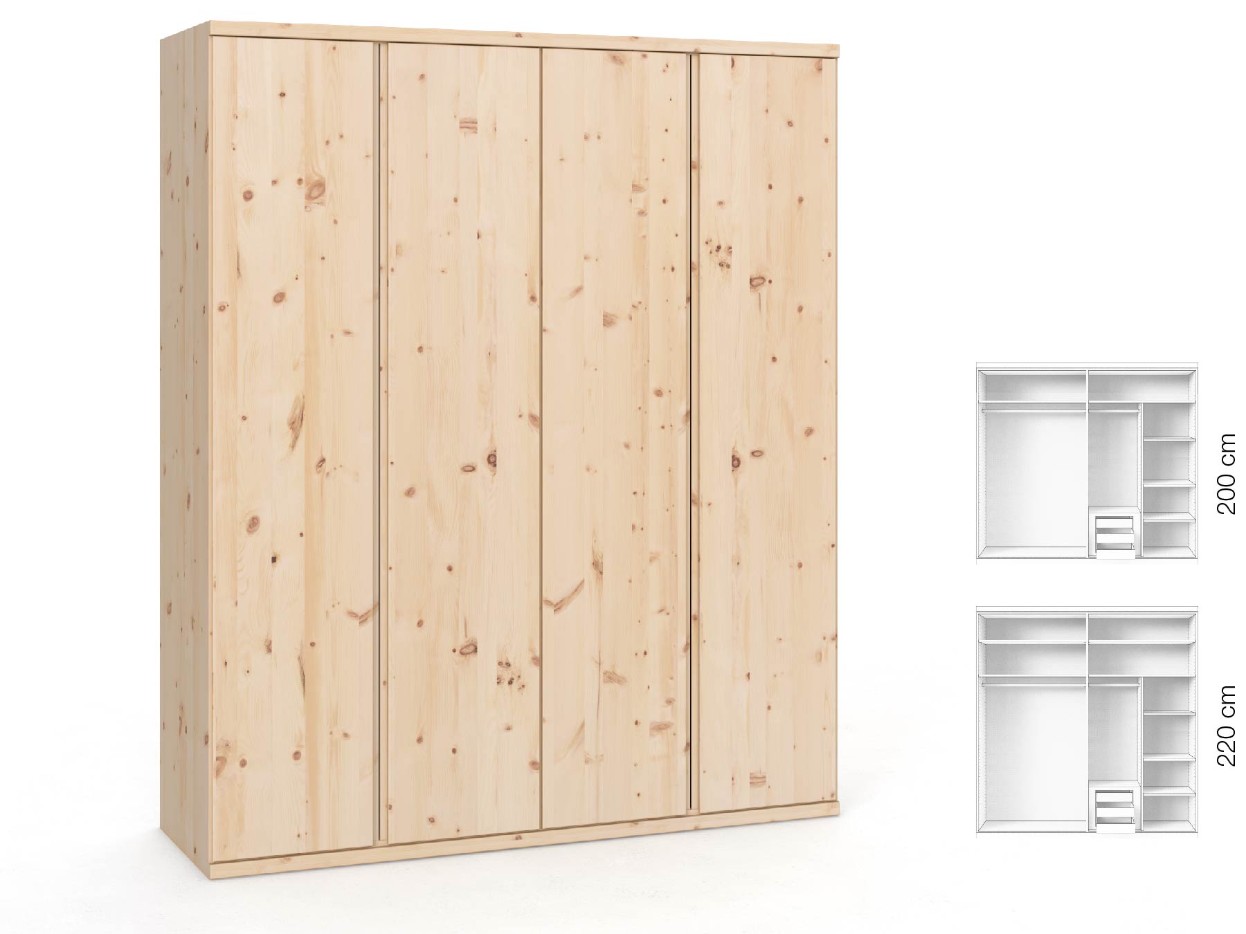 Zirbenschrank „Romana“, 4-türig, Höhe 220 cm, Griffausführung „Patrizia“, Inneneinrichtung: D
