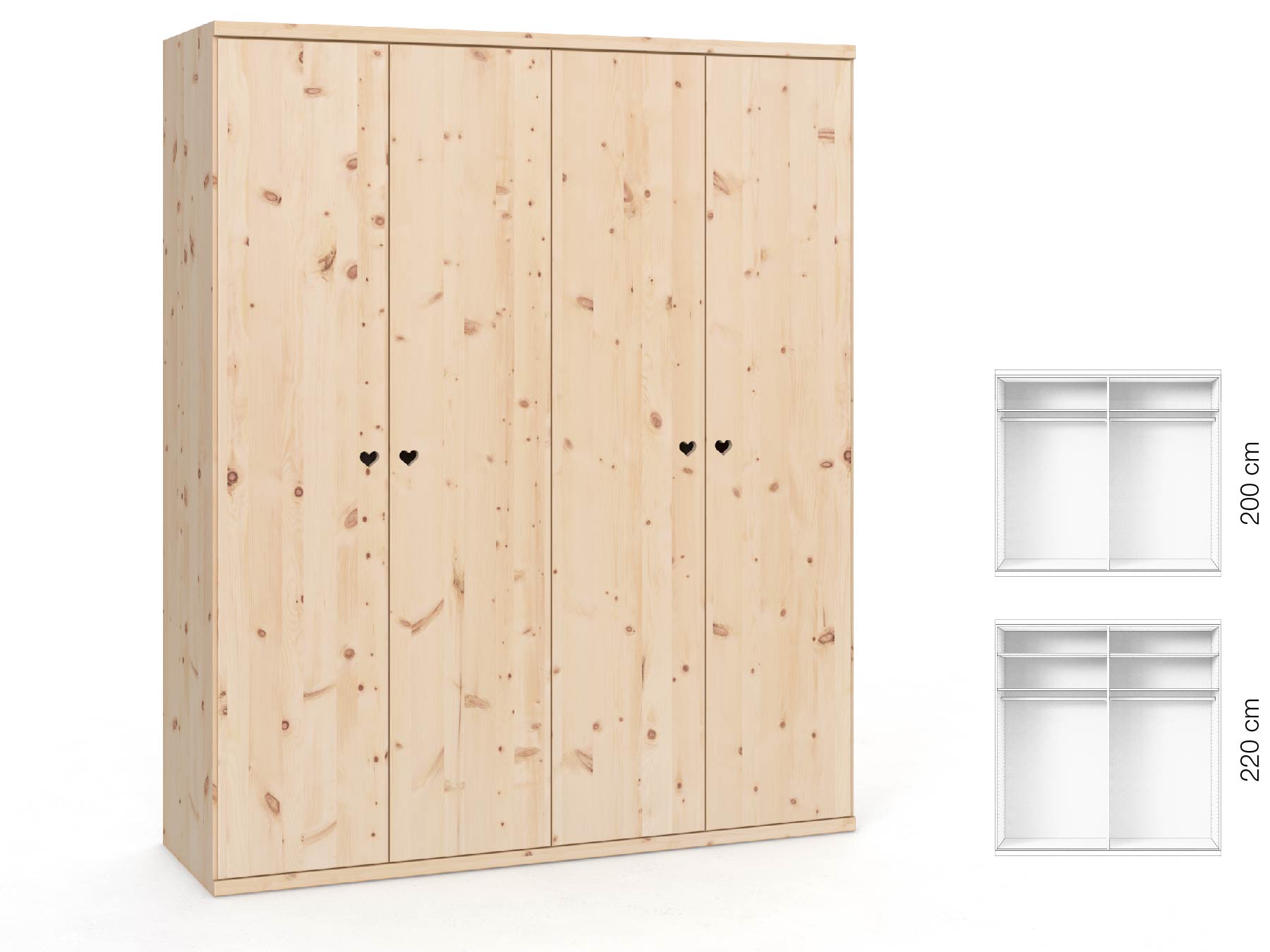 Zirbenschrank „Romana“, 4-türig, Höhe 220 cm, Griffausführung „Heidi“, Inneneinrichtung: A