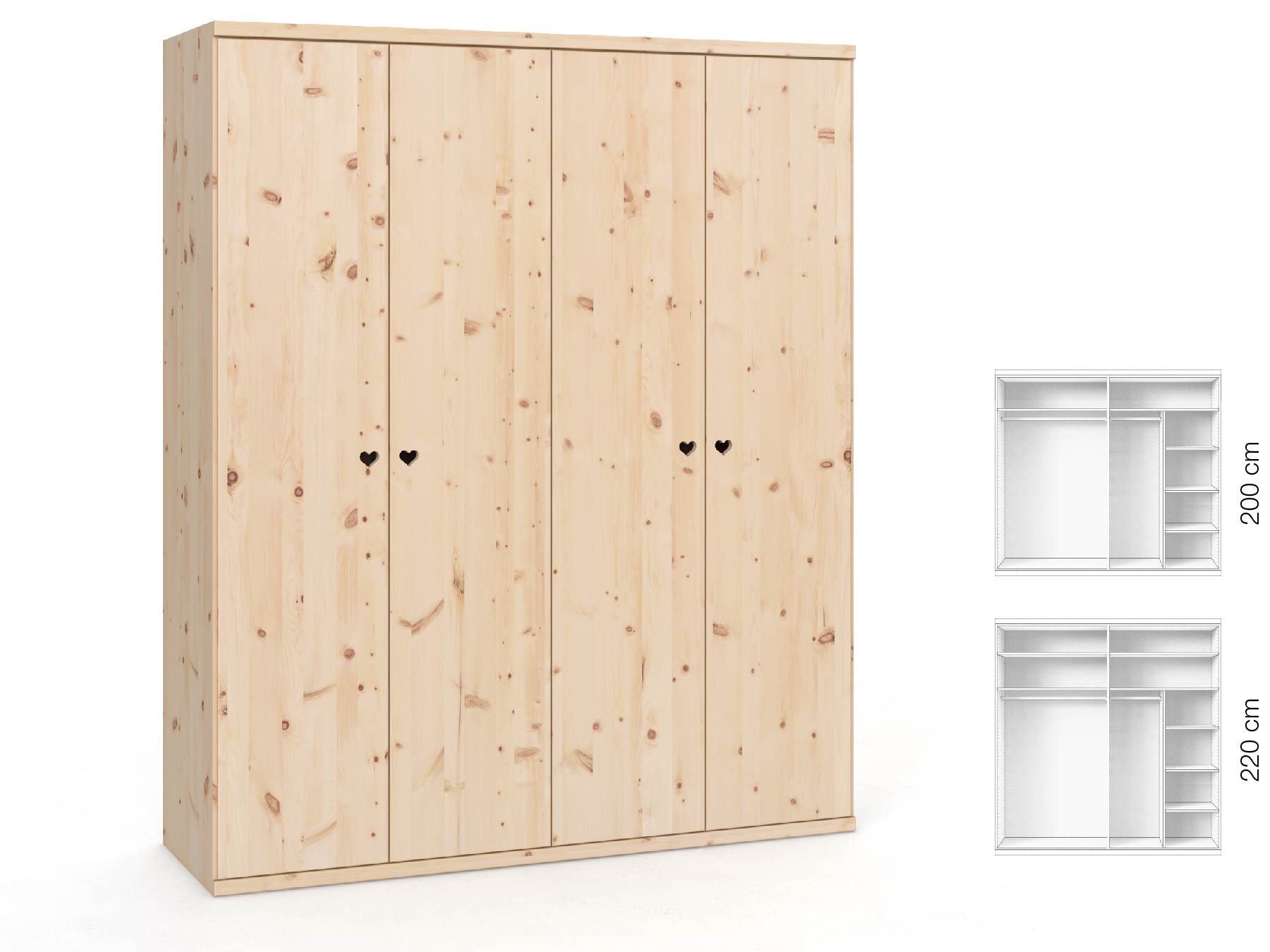 Zirbenschrank „Romana“, 4-türig, Höhe 220 cm, Griffausführung „Heidi“, Inneneinrichtung: B