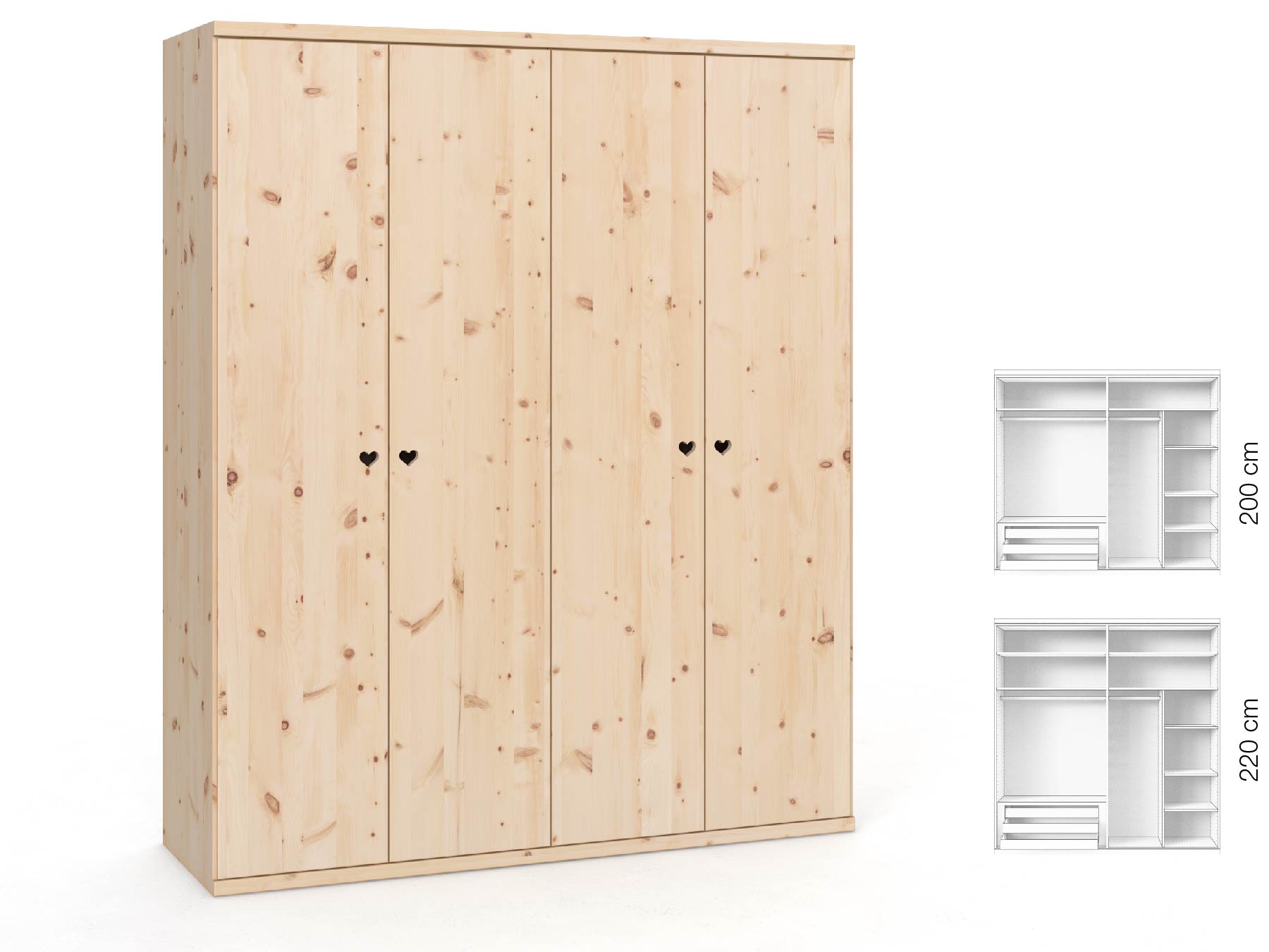 Zirbenschrank „Romana“, 4-türig, Höhe 220 cm, Griffausführung „Heidi“, Inneneinrichtung: C
