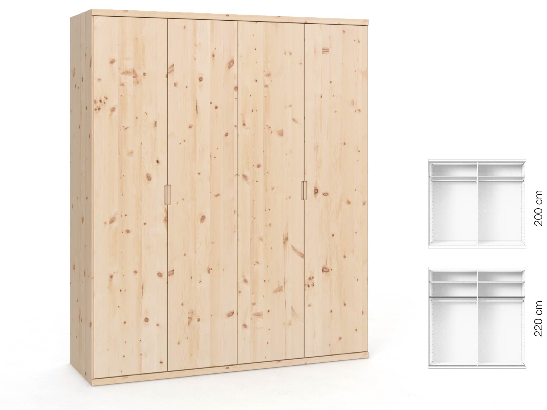 Zirbenschrank „Romana“, 4-türig, Höhe 220 cm, Griffausführung „Lukas“, Inneneinrichtung: A