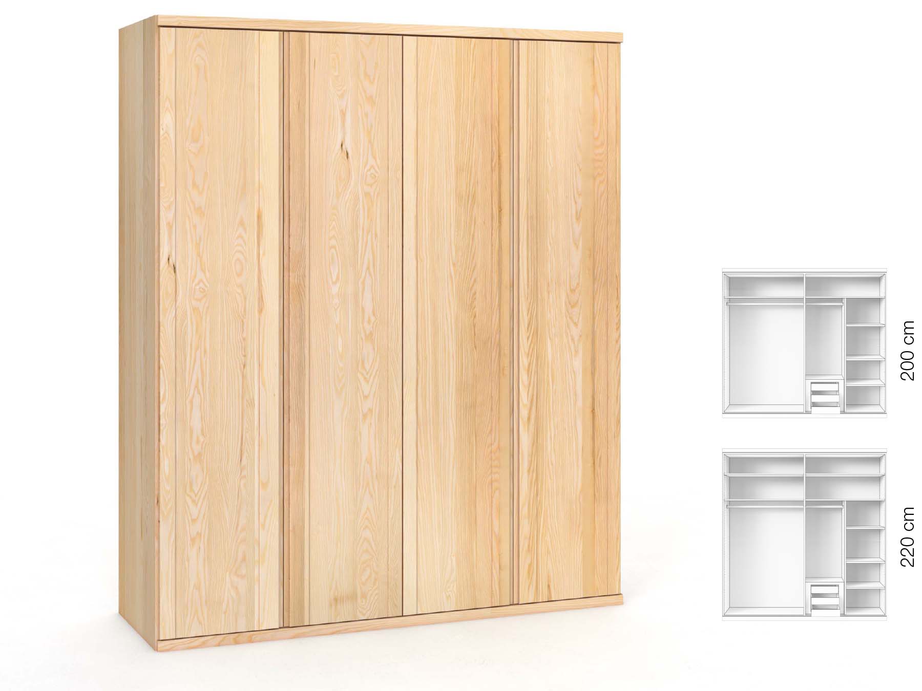 Eschenschrank „Egon“, 4-türig, Höhe 220 cm, Griffausführung „Patrizia“, Inneneinrichtung: C