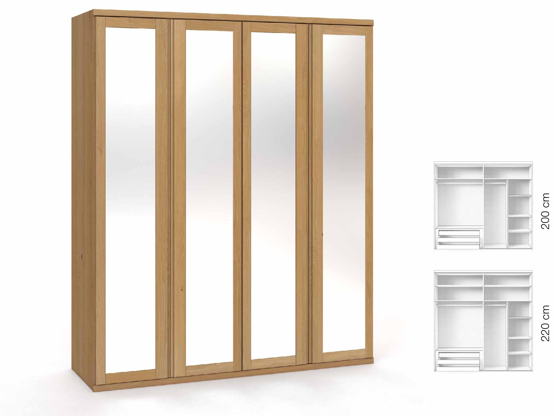 Eichenschrank Hell „Sandra“, 4-türig, Höhe 220 cm, Griffausführung „Patrizia“, Inneneinrichtung: C
