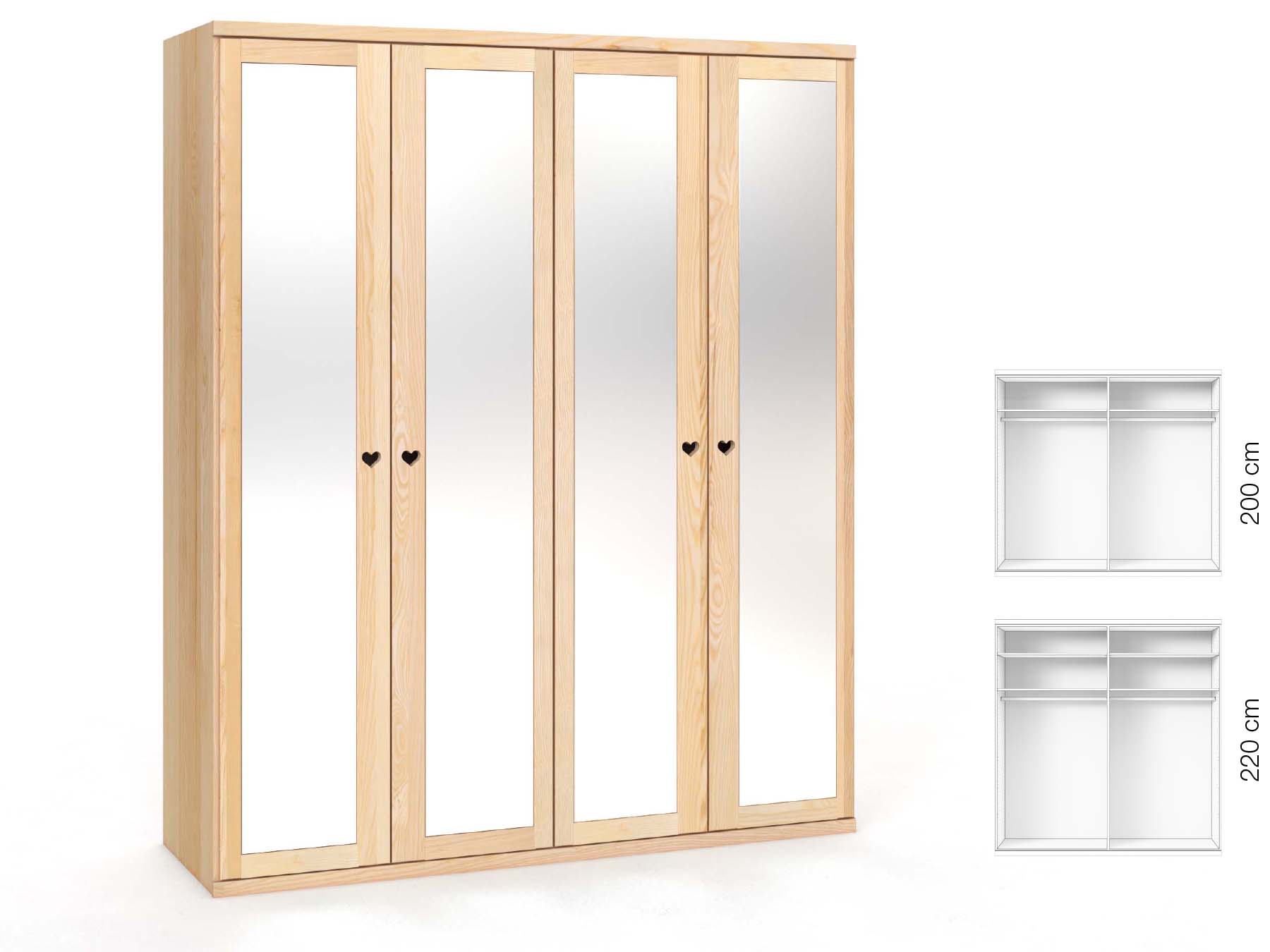 Eschenschrank „Sandra“, 4-türig, Höhe 220 cm, Griffausführung „Heidi“, Inneneinrichtung: A