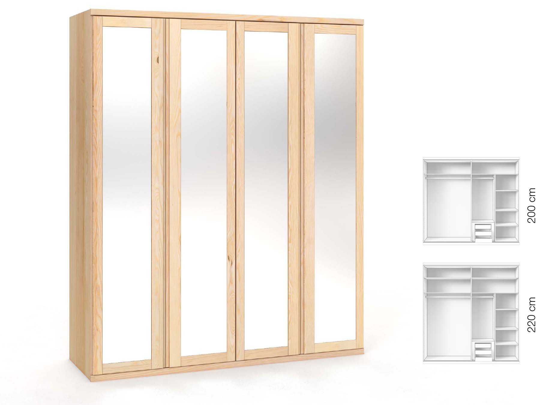 Eschenschrank „Sandra“, 4-türig, Höhe 220 cm, Griffausführung „Patrizia“, Inneneinrichtung: C