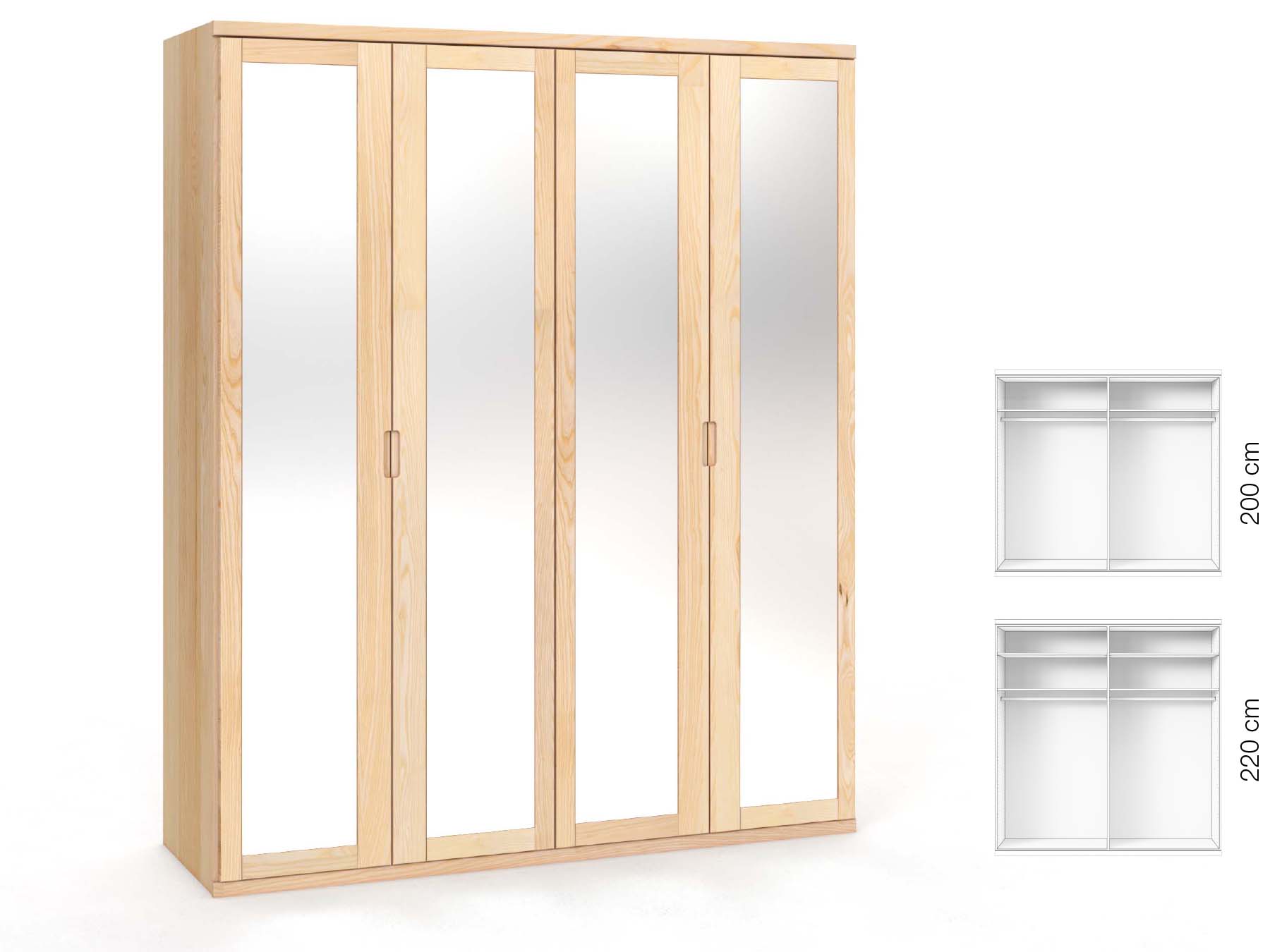 Eschenschrank „Sandra“, 4-türig, Höhe 220 cm, Griffausführung „Lukas“, Inneneinrichtung: A