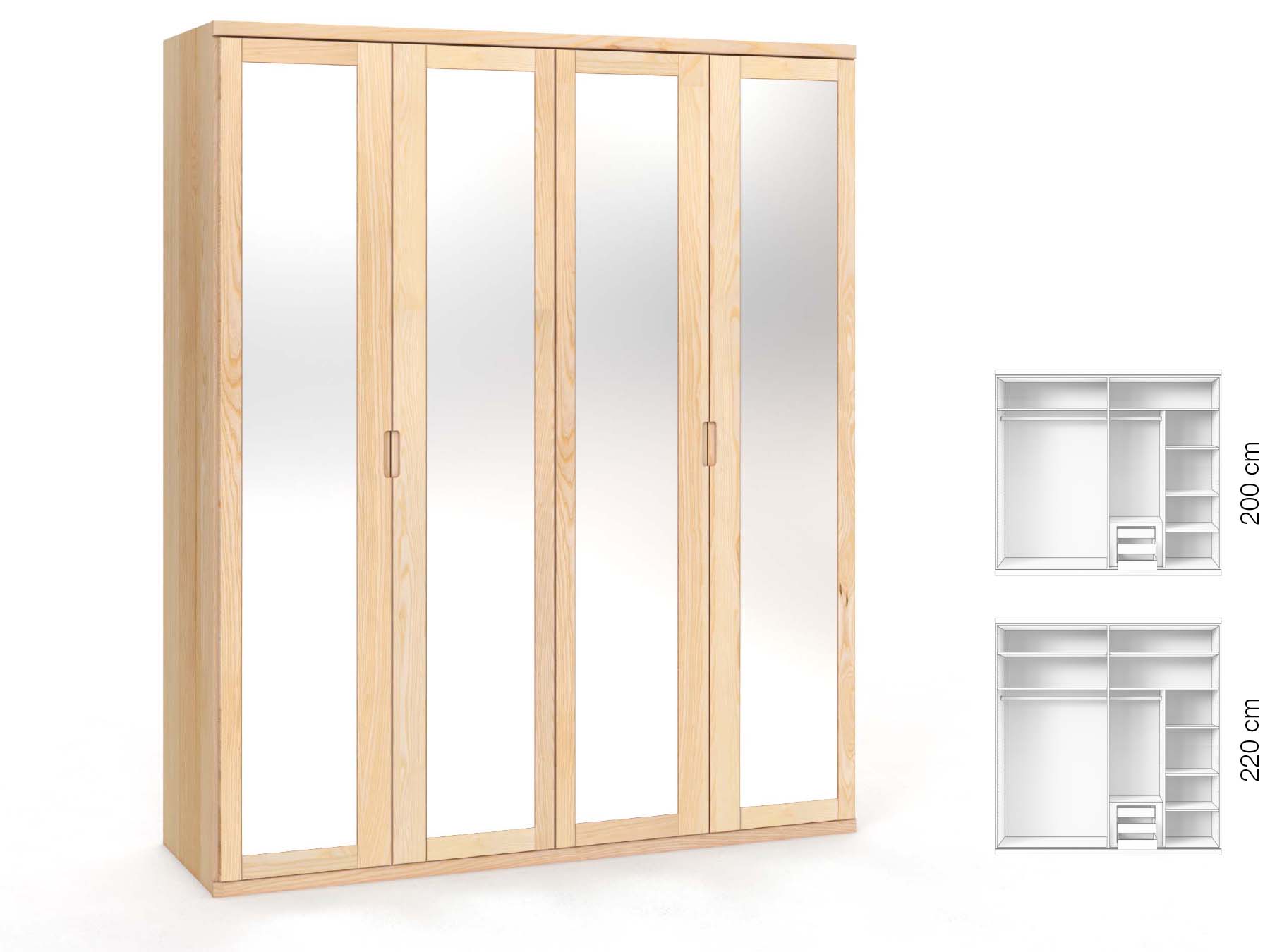 Eschenschrank „Sandra“, 4-türig, Höhe 220 cm, Griffausführung „Lukas“, Inneneinrichtung: C