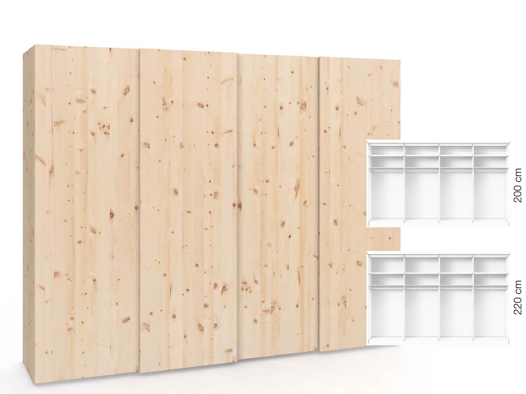 Zirbenschrank „Ludwig", 4-türig, Höhe 220 cm, Inneneinrichtung: A, Grifflos