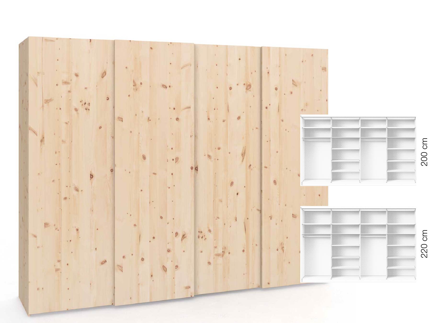 Zirbenschrank „Ludwig", 4-türig, Höhe 220 cm, Inneneinrichtung: B, Grifflos