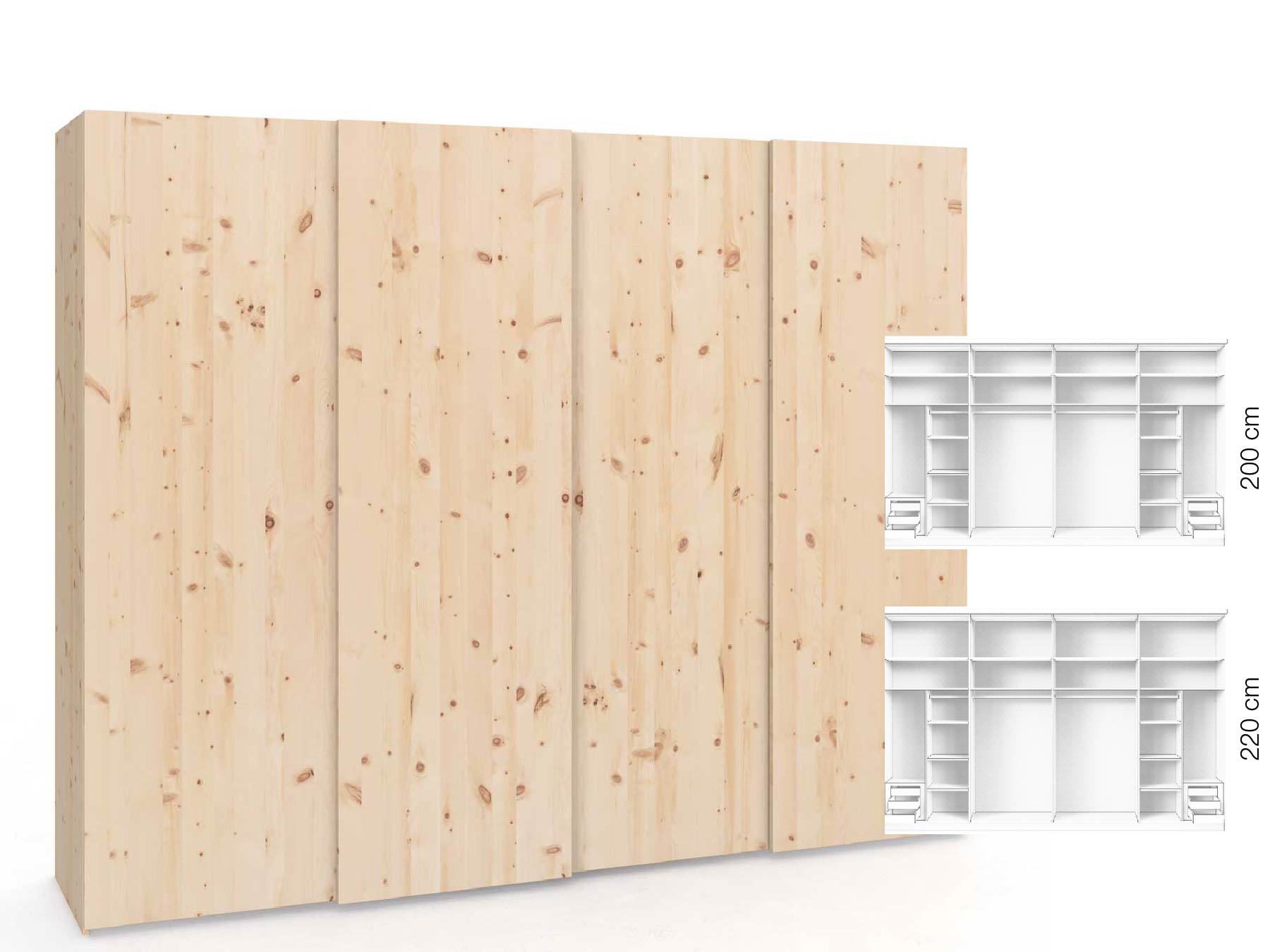 Zirbenschrank „Ludwig", 4-türig, Höhe 220 cm, Inneneinrichtung: C, Grifflos
