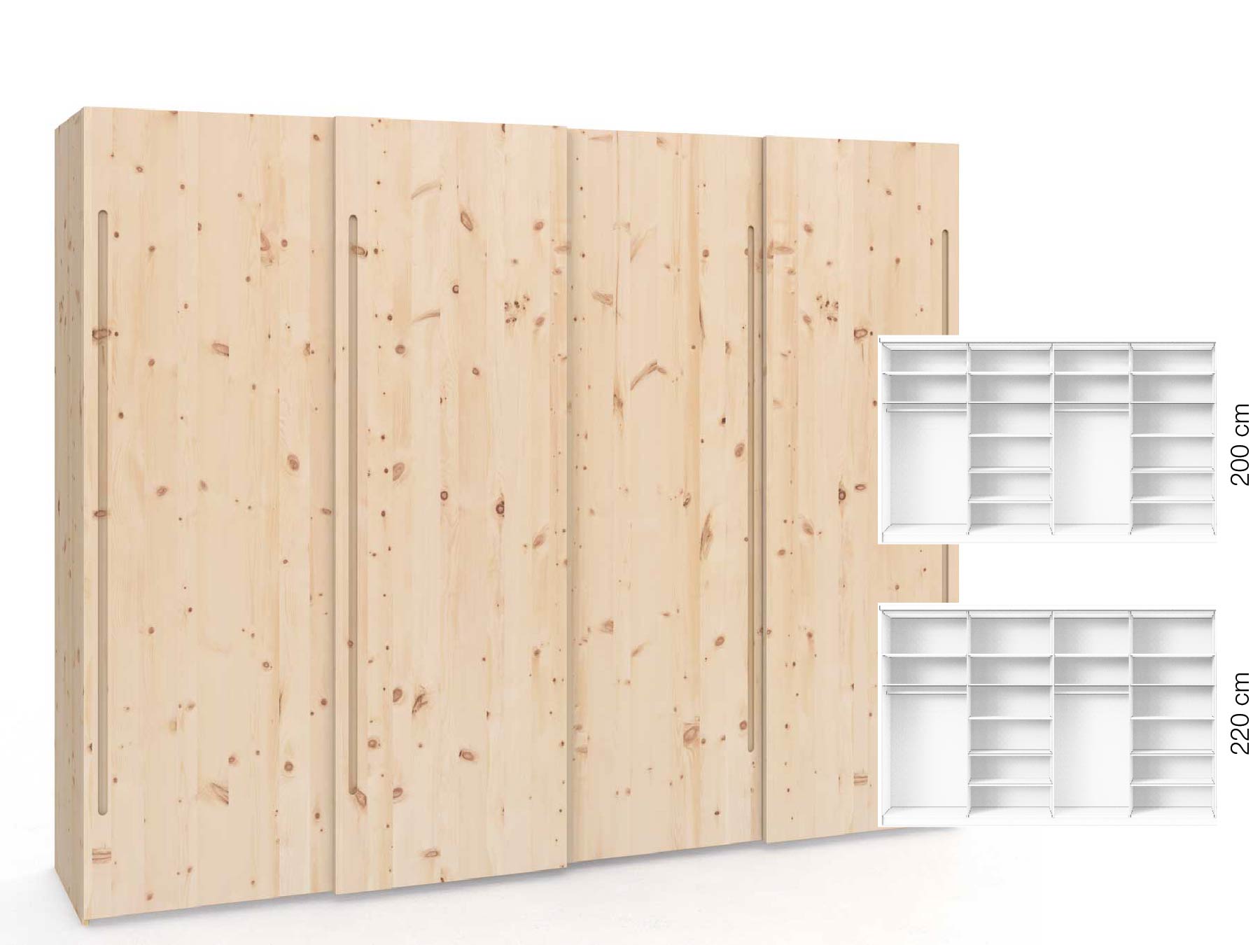 Zirbenschrank „Ludwig", 4-türig, Höhe 220 cm, Inneneinrichtung: B, Griff: C