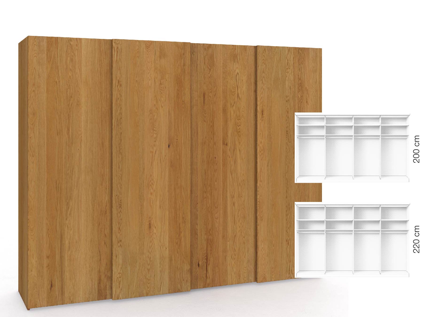 Eichenschrank „Ludwig", 4-türig, Höhe 220 cm, Inneneinrichtung: A, Grifflos