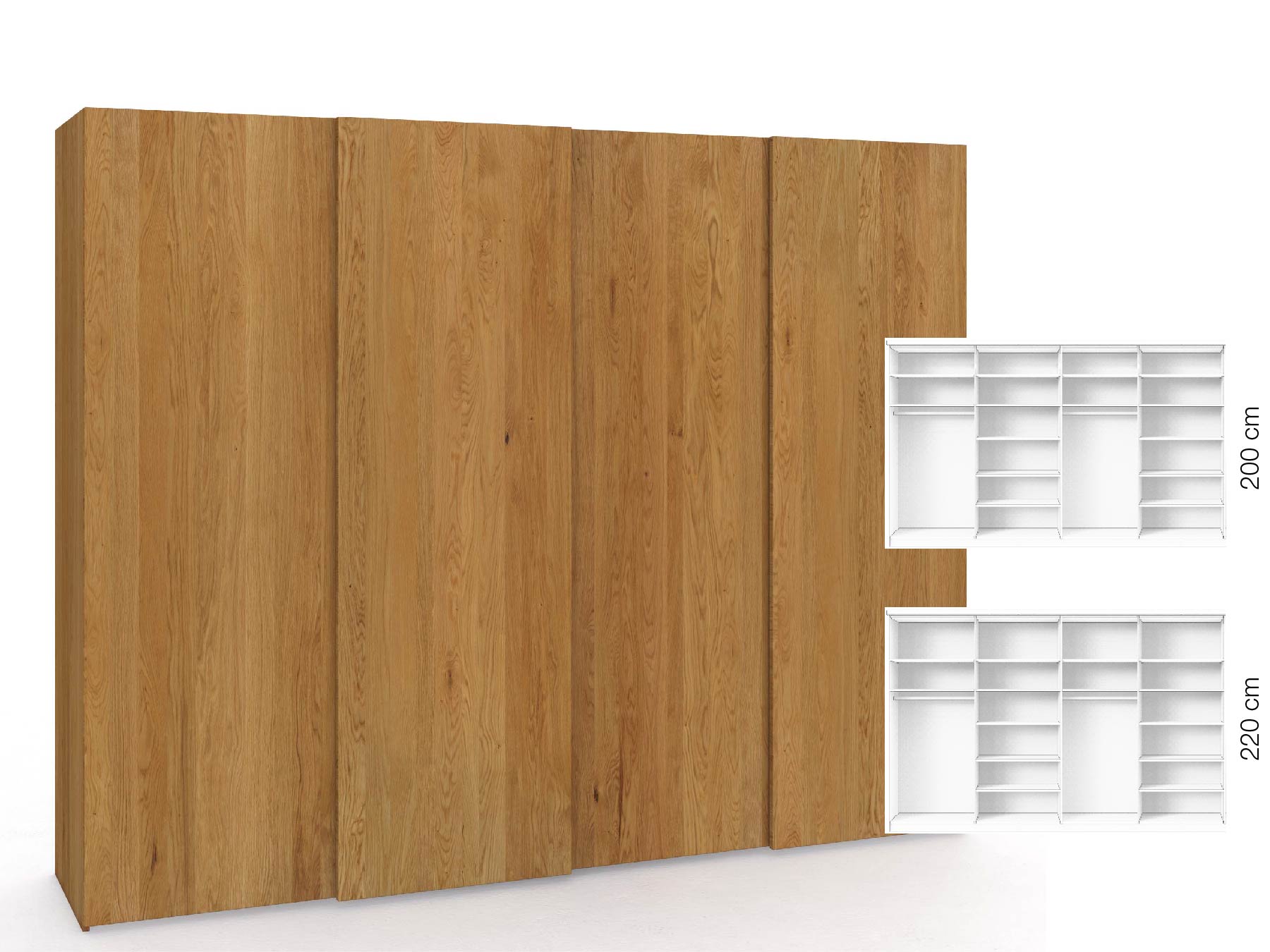 Eichenschrank „Ludwig", 4-türig, Höhe 220 cm, Inneneinrichtung: B, Grifflos