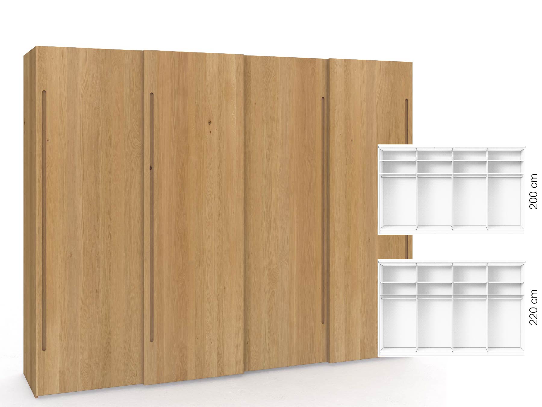 Eichenschrank Hell „Ludwig", 4-türig, Höhe 220 cm, Inneneinrichtung: A, Griff C