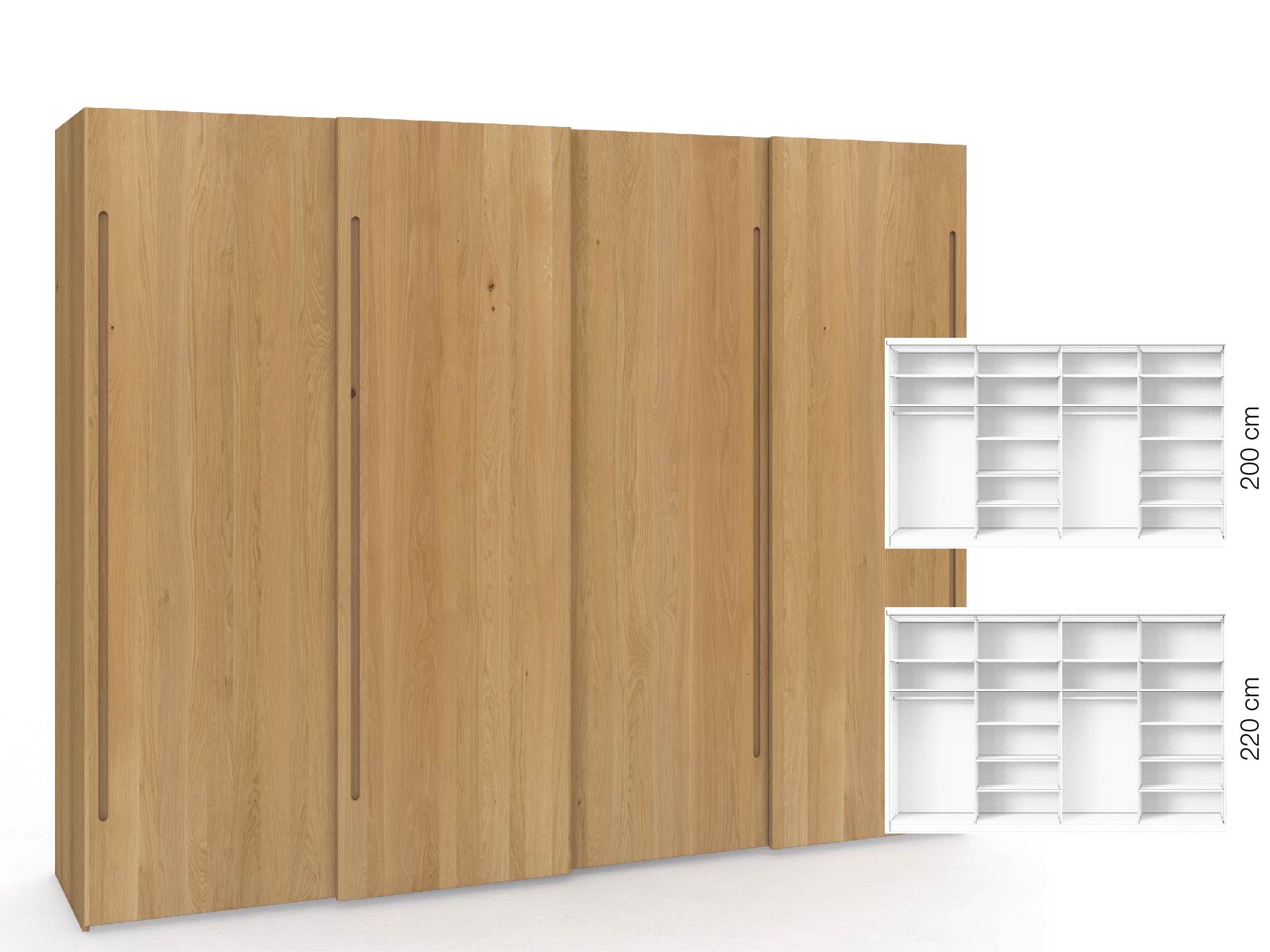 Eichenschrank Hell „Ludwig", 4-türig, Höhe 220 cm, Inneneinrichtung: B, Griff C
