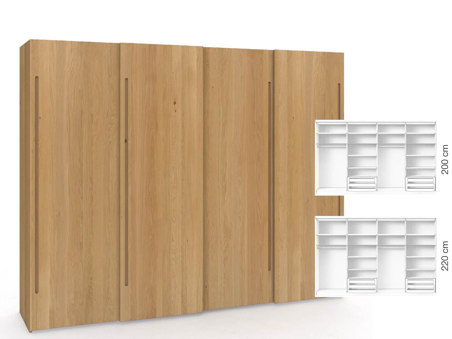 Eichenschrank Hell „Ludwig", 4-türig, Höhe 220 cm, Inneneinrichtung: D, Griff C