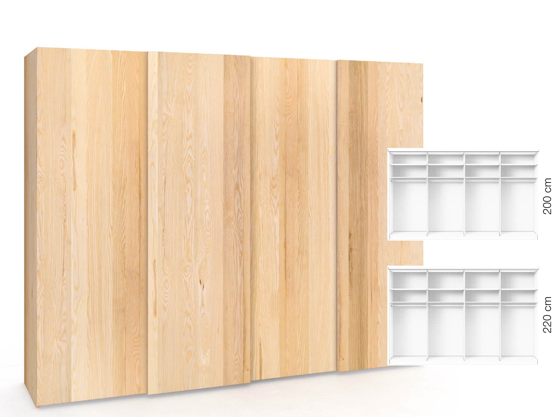 Eschenschrank „Ludwig", 4-türig, Höhe 220 cm, Inneneinrichtung: A, Grifflos