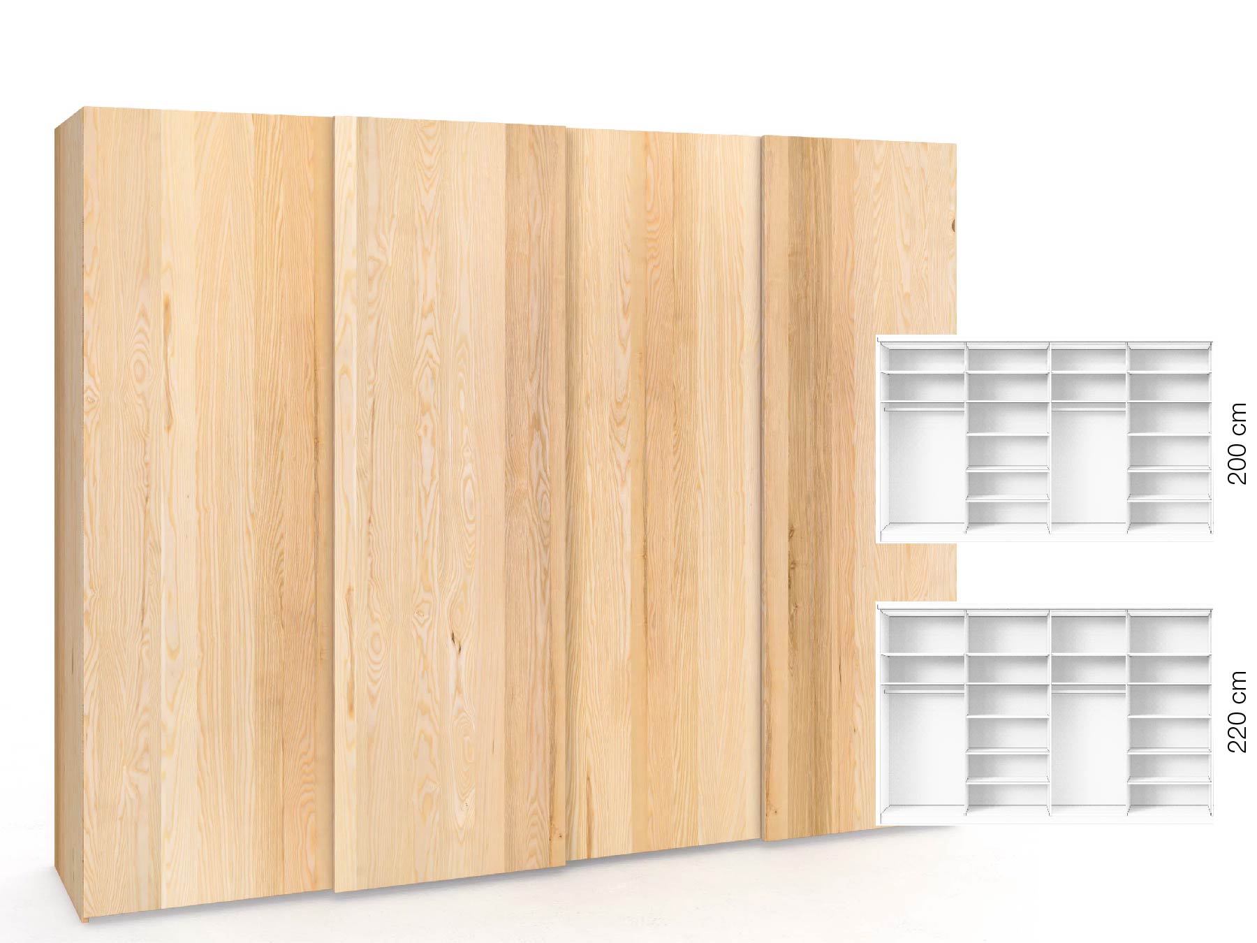 Eschenschrank „Ludwig", 4-türig, Höhe 220 cm, Inneneinrichtung: B, Grifflos