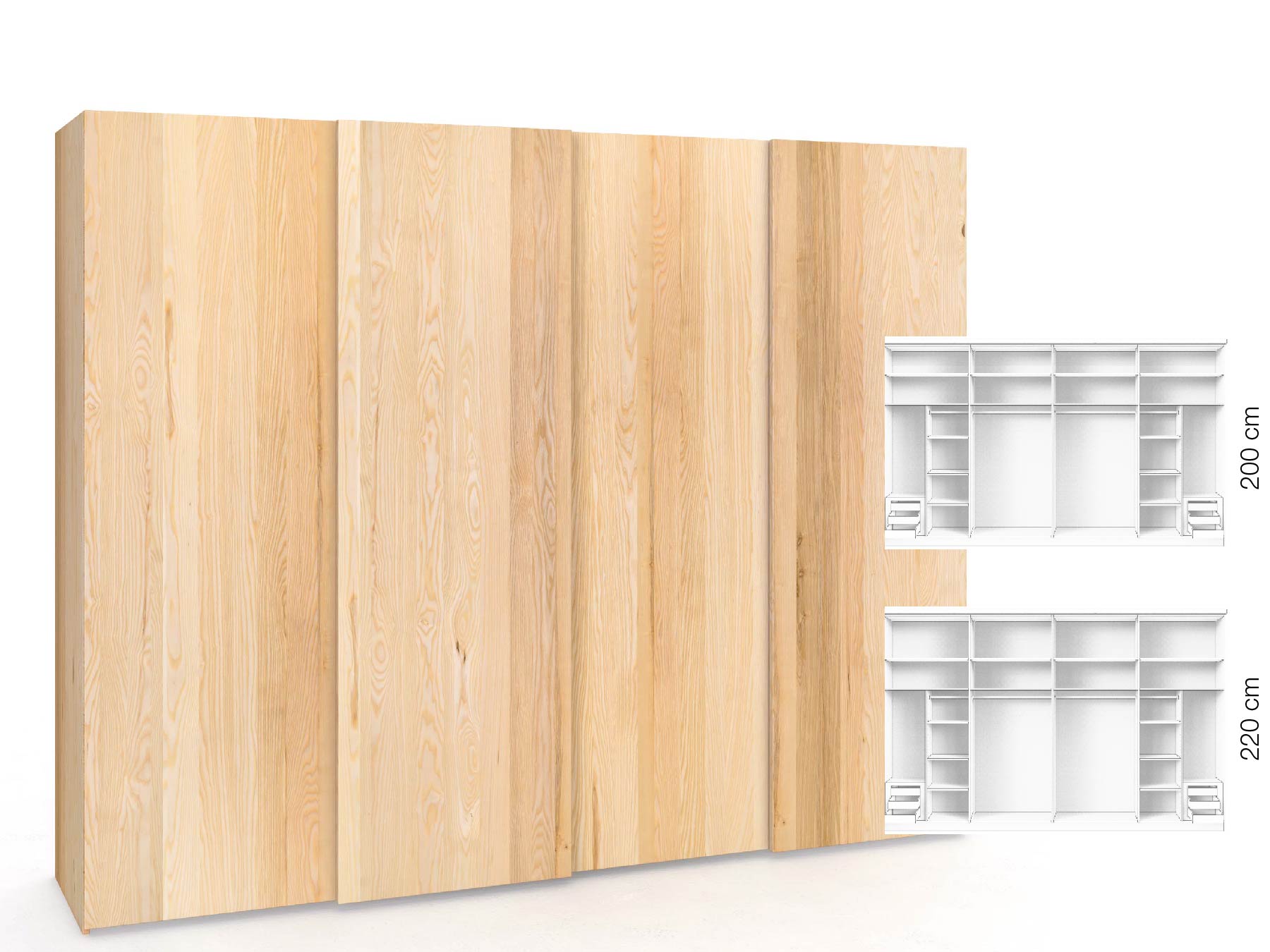 Eschenschrank „Ludwig", 4-türig, Höhe 220 cm, Inneneinrichtung: C, Grifflos