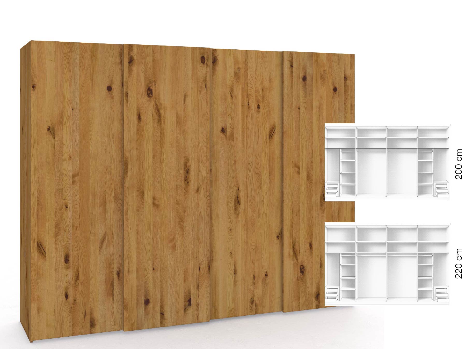 Wildeichenschrank „Ludwig", 4-türig, Höhe 220 cm, Inneneinrichtung: C, Grifflos