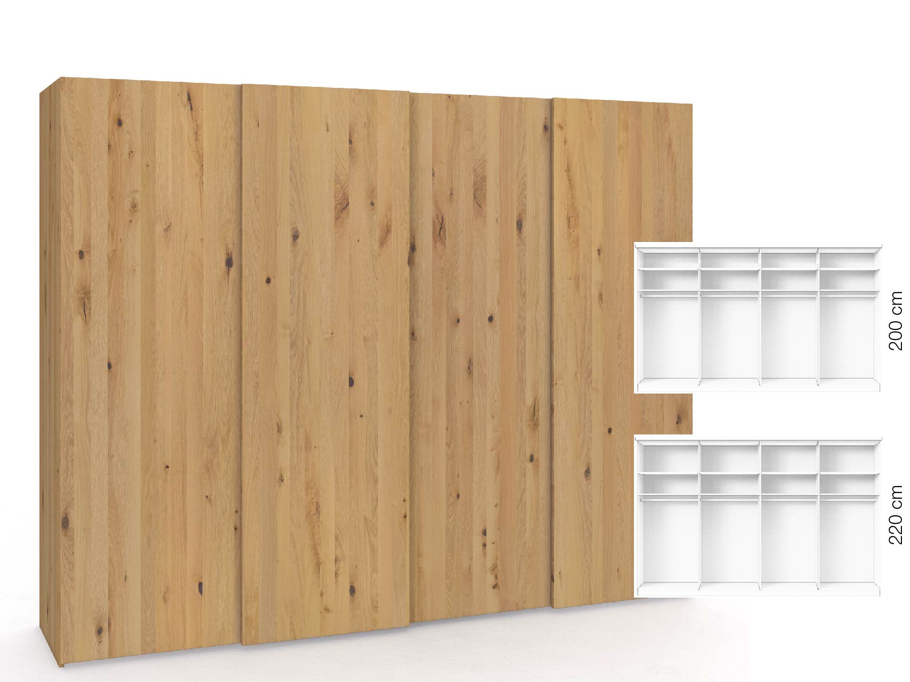 Wildeichenschrank Hell „Ludwig", 4-türig, Höhe 220 cm, Inneneinrichtung: A, Grifflos