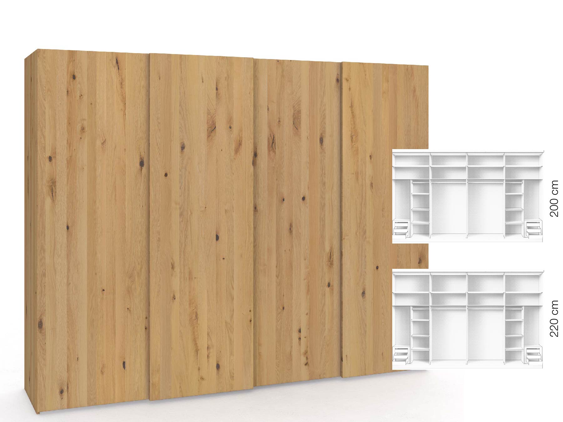 Wildeichenschrank Hell „Ludwig", 4-türig, Höhe 220 cm, Inneneinrichtung: C, Grifflos