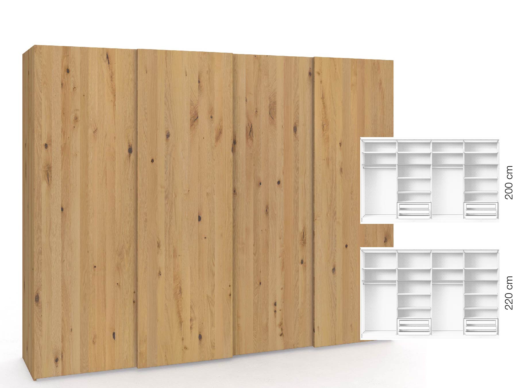 Wildeichenschrank Hell „Ludwig", 4-türig, Höhe 220 cm, Inneneinrichtung: D, Grifflos