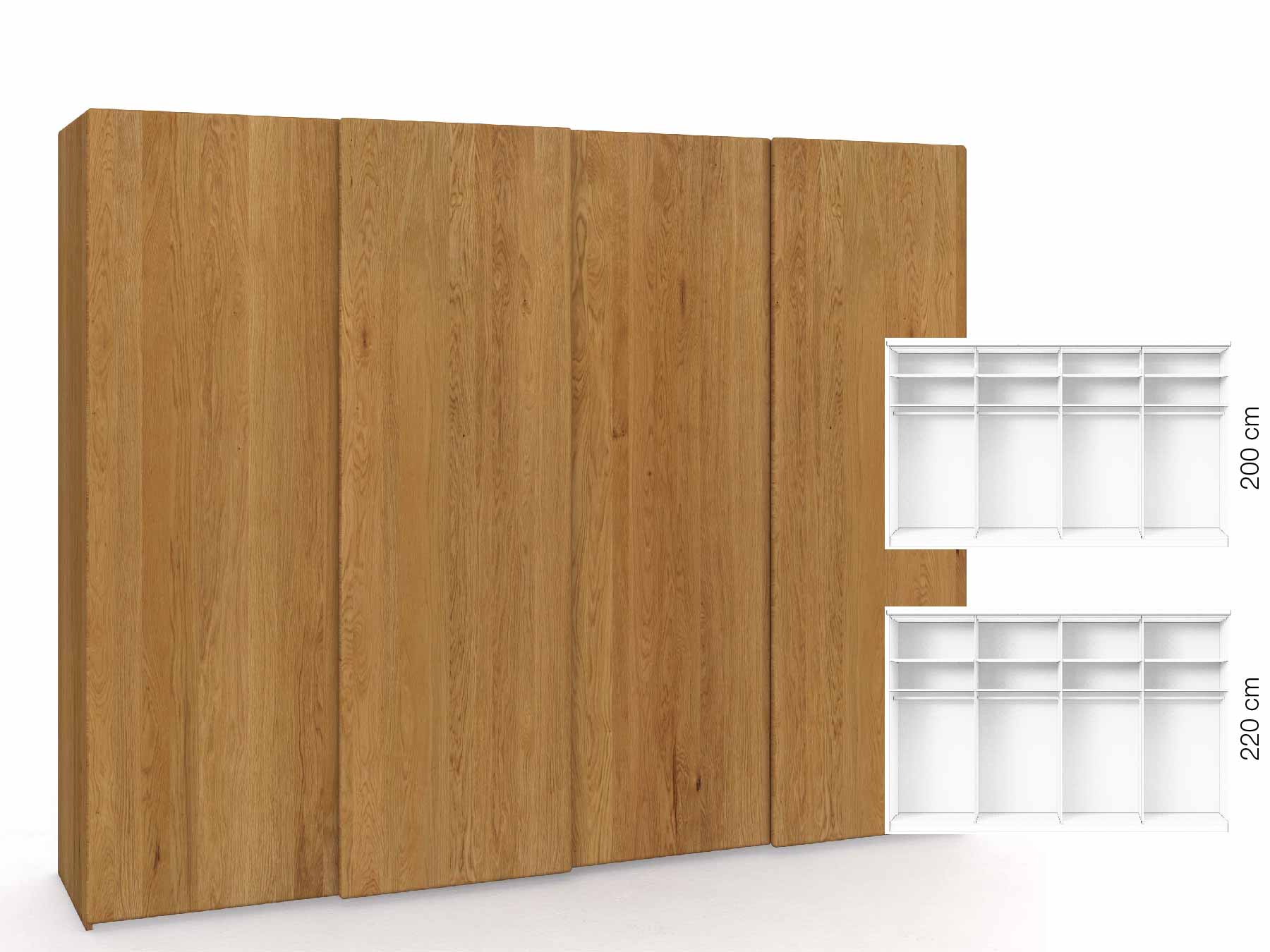 Eichenschrank „Viktor", 4-türig, Höhe 220 cm, Inneneinrichtung: A, Grifflos