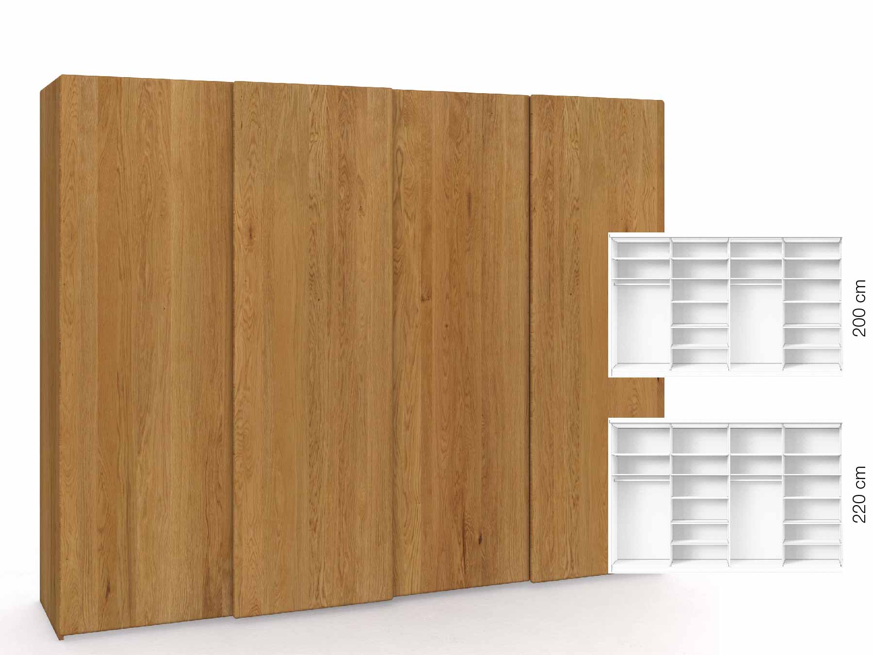 Eichenschrank „Viktor", 4-türig, Höhe 220 cm, Inneneinrichtung: B, Grifflos