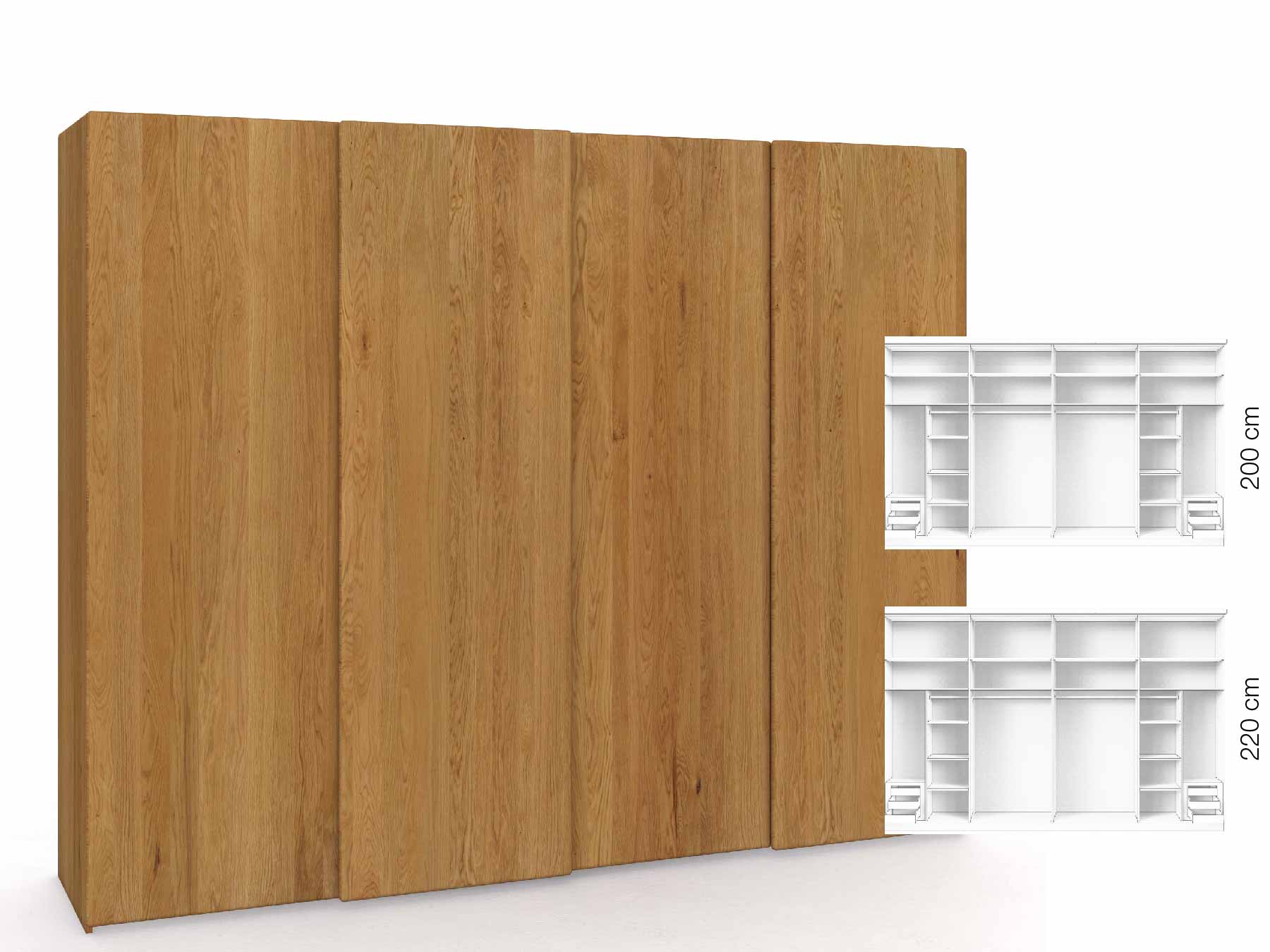 Eichenschrank „Viktor", 4-türig, Höhe 220 cm, Inneneinrichtung: C, Grifflos