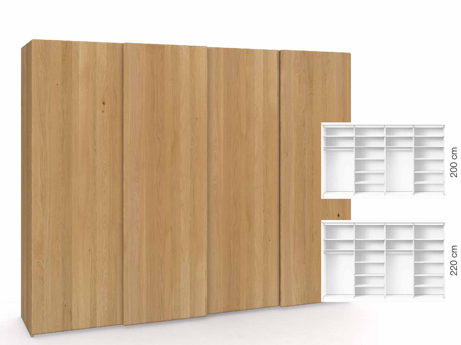 Eichenschrank Hell „Viktor", 4-türig, Höhe 220 cm, Inneneinrichtung: B, Grifflos