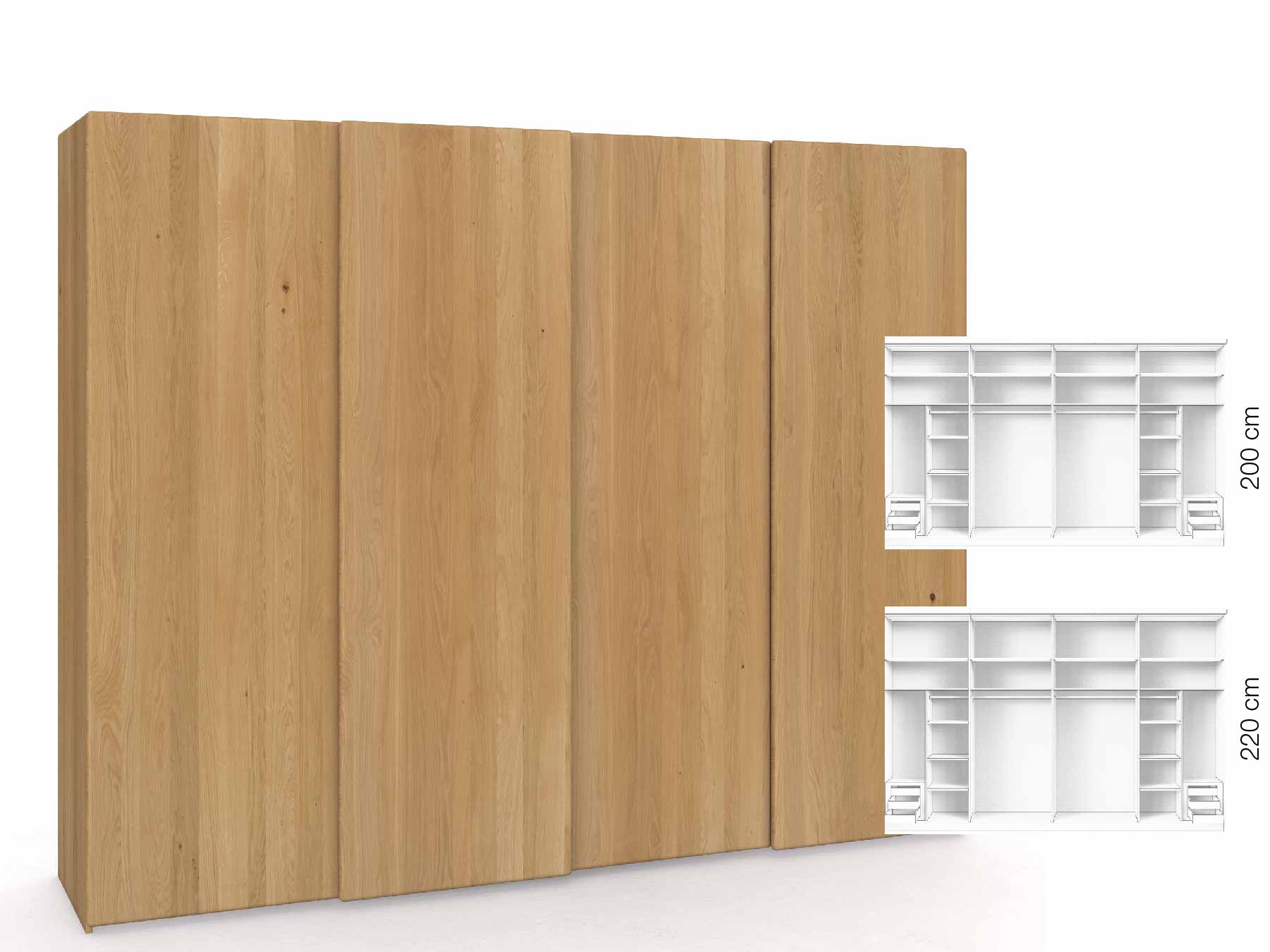 Eichenschrank Hell „Viktor", 4-türig, Höhe 220 cm, Inneneinrichtung: C, Grifflos
