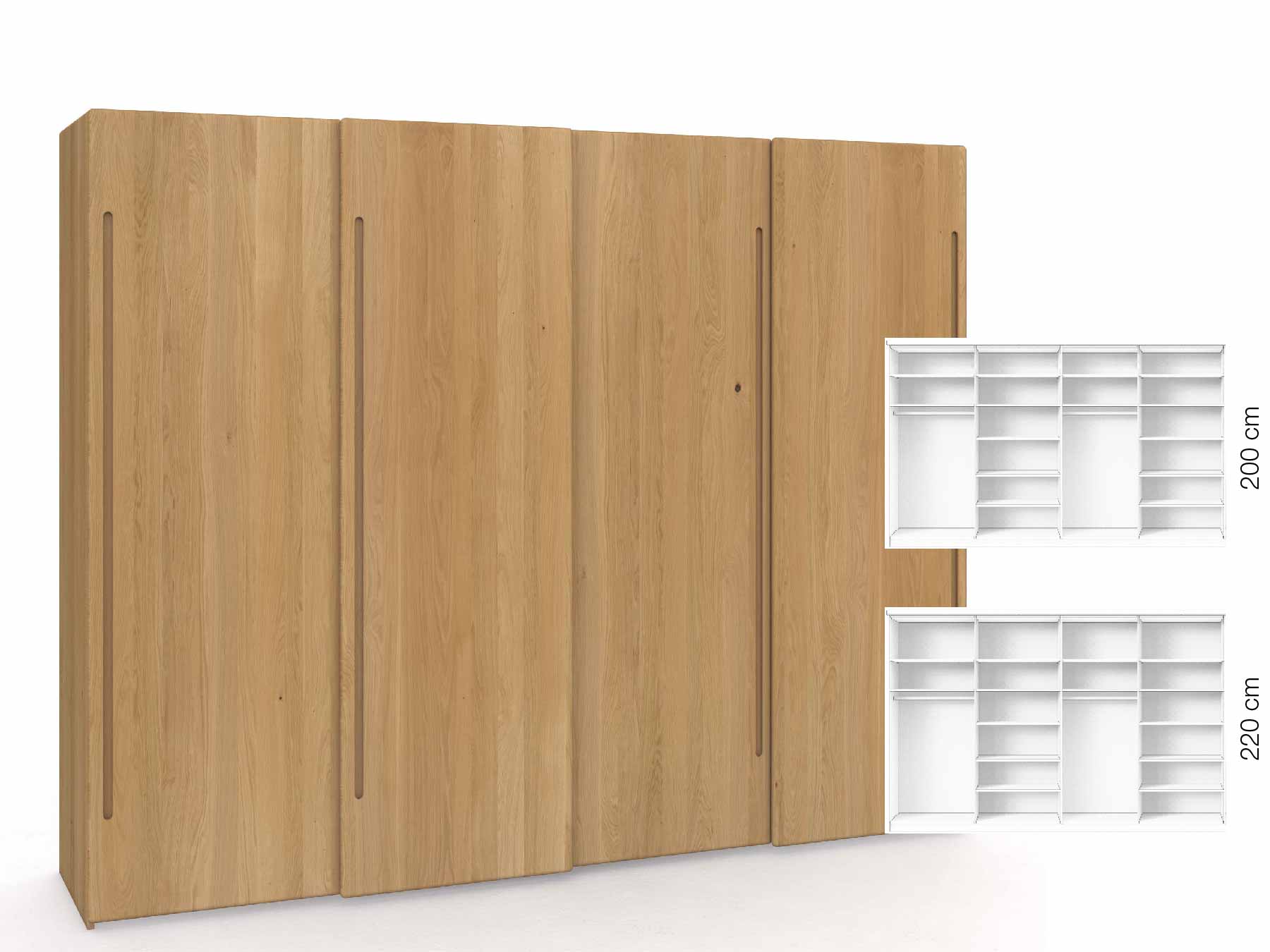 Eichenschrank Hell „Viktor", 4-türig, Höhe 220 cm, Inneneinrichtung: B, Griff C