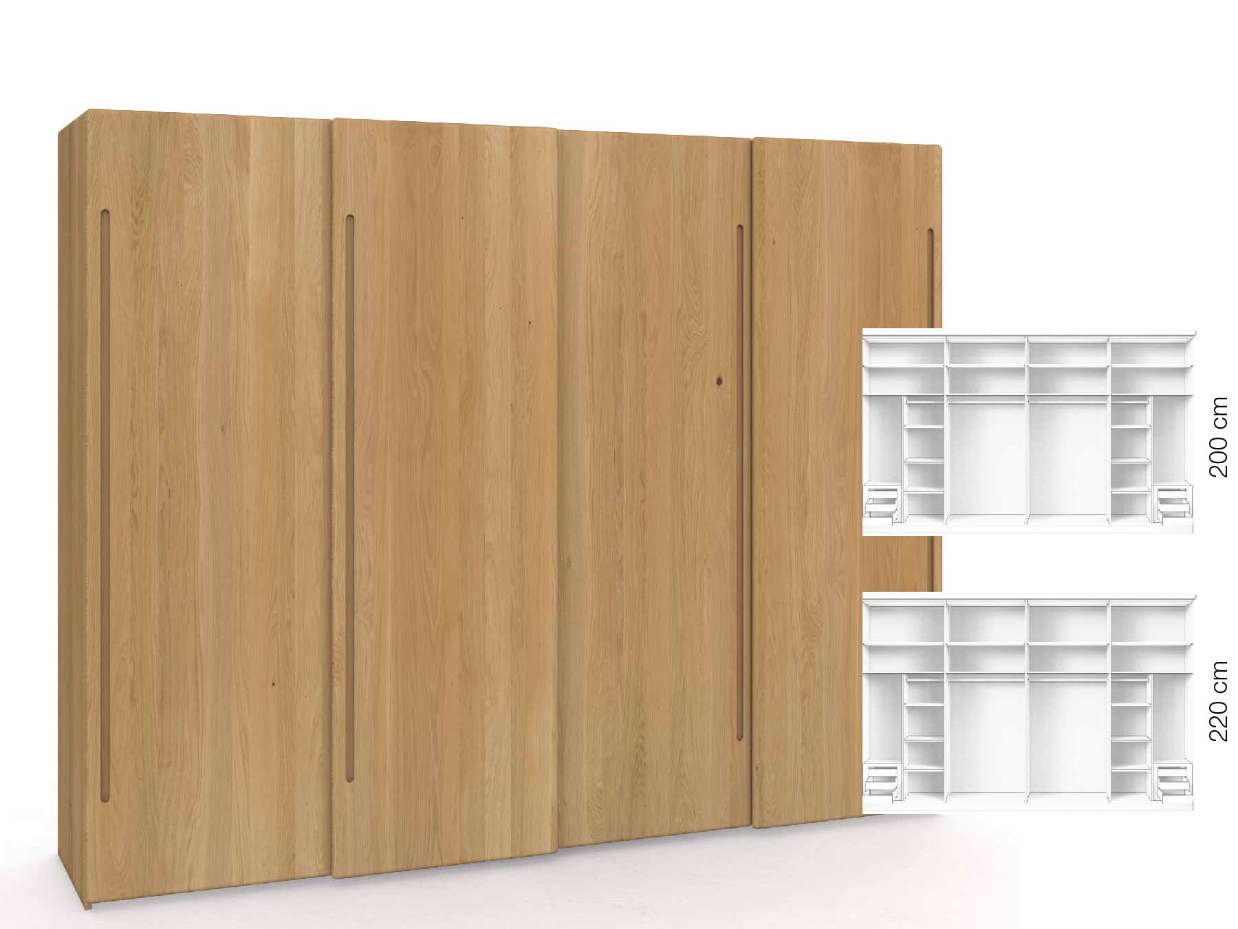 Eichenschrank Hell „Viktor", 4-türig, Höhe 220 cm, Inneneinrichtung: C, Griff C