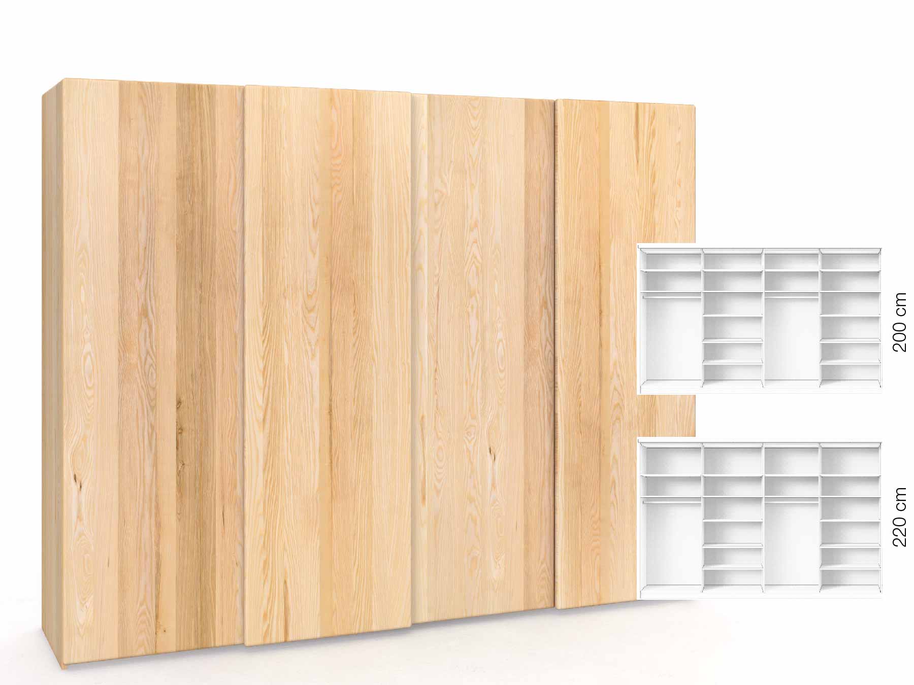 Eschenschrank „Viktor", 4-türig, Höhe 220 cm, Inneneinrichtung: B, Grifflos
