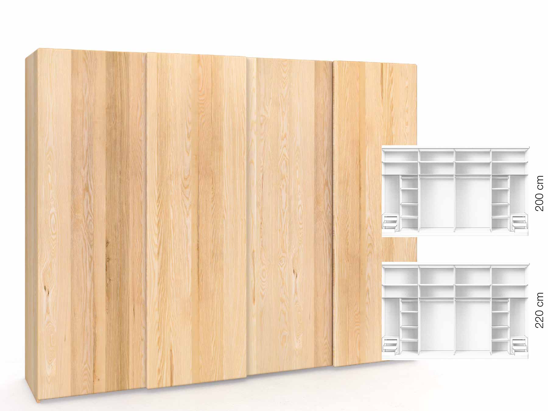 Eschenschrank „Viktor", 4-türig, Höhe 220 cm, Inneneinrichtung: C, Grifflos