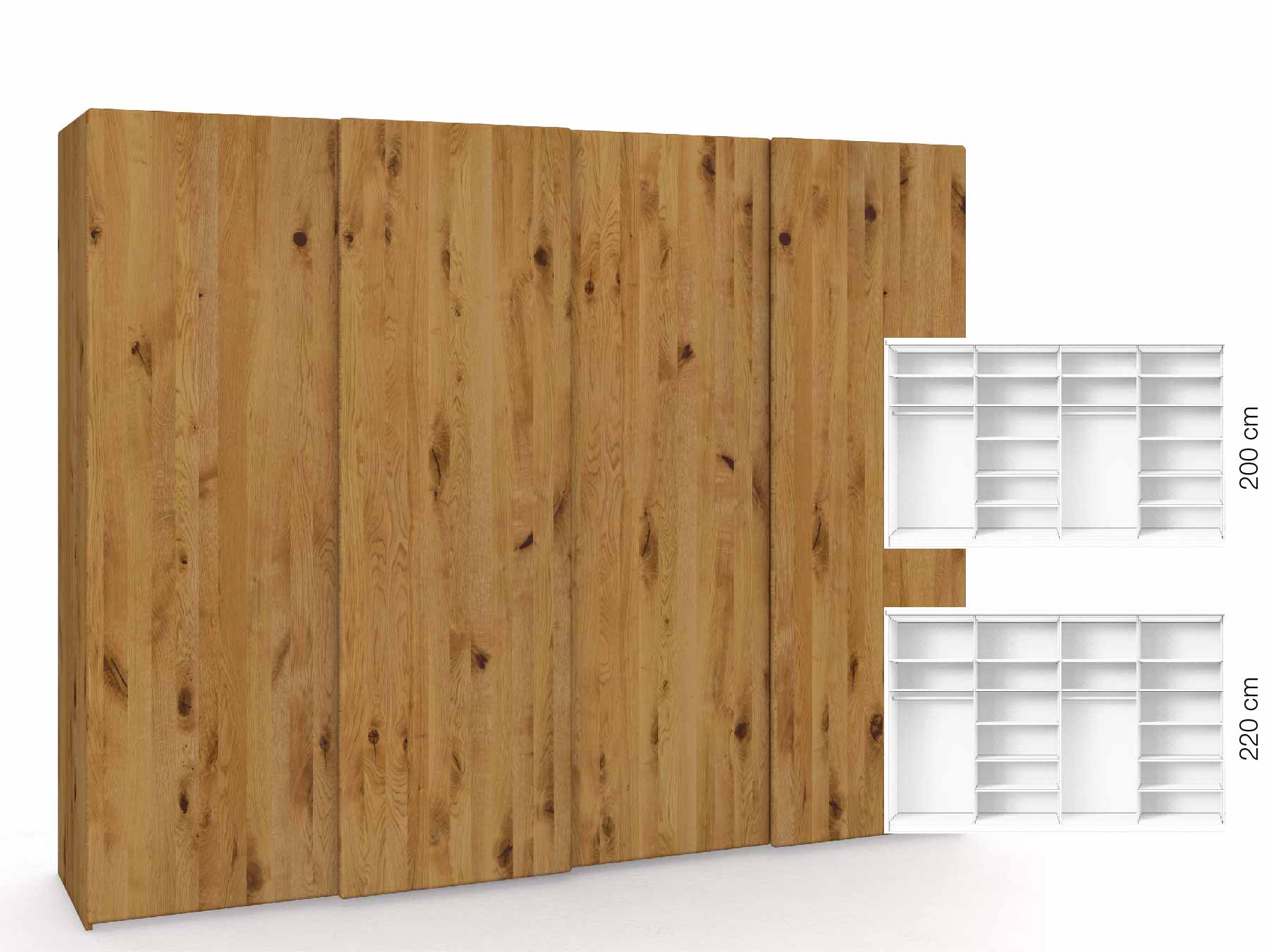 Wildeichenschrank „Viktor", 4-türig, Höhe 220 cm, Inneneinrichtung: B, Grifflos