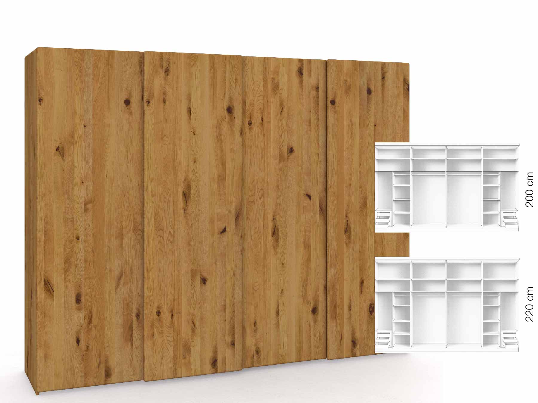Wildeichenschrank „Viktor", 4-türig, Höhe 220 cm, Inneneinrichtung: C, Grifflos