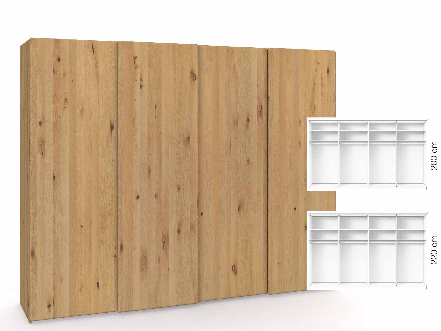 Wildeichenschrank Hell „Viktor", 4-türig, Höhe 220 cm, Inneneinrichtung: A, Grifflos